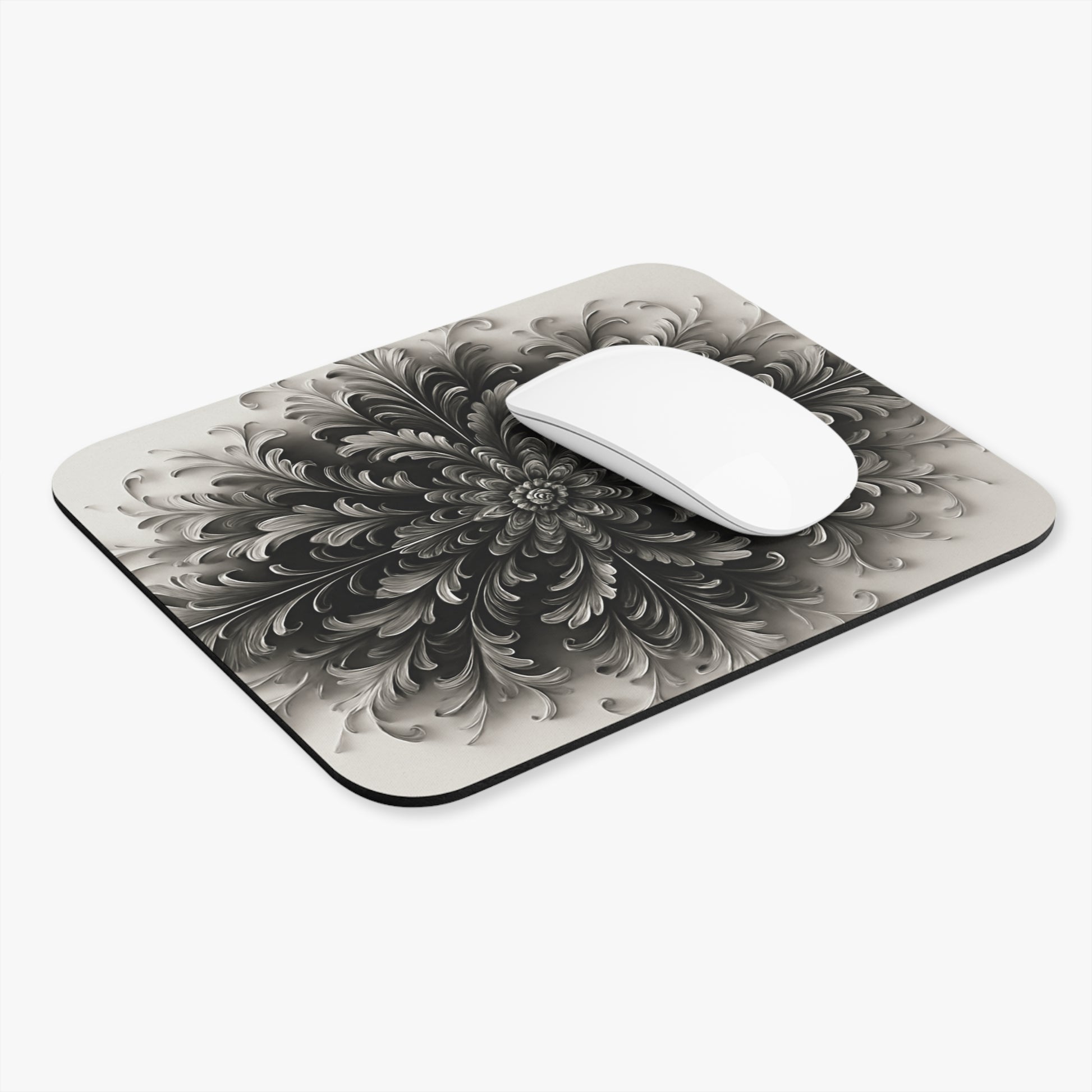 Obsidian Bloom mouse pad in workspace with mouse showing bold dark floral design