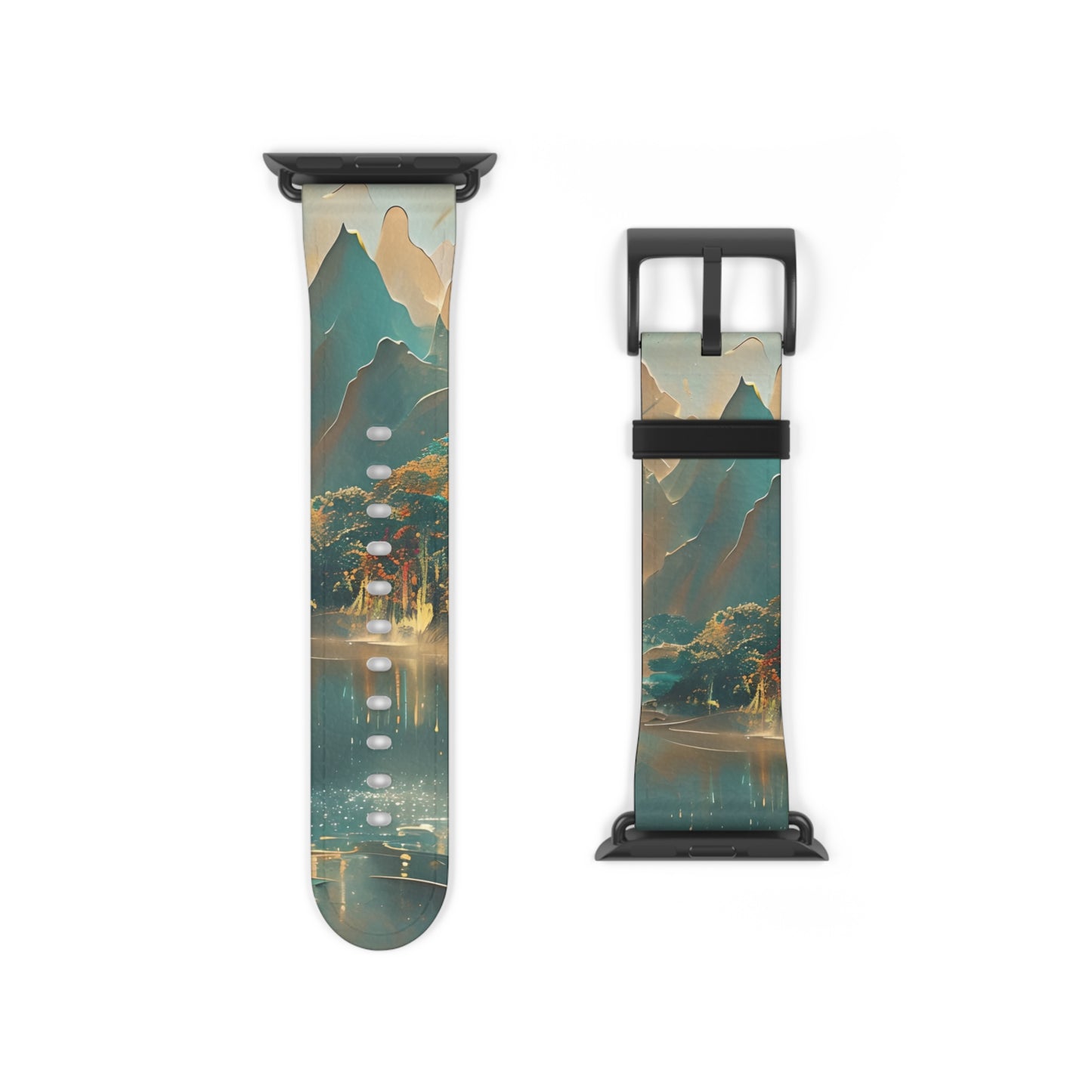 Misty Horizon Apple Watch band strap with black clasp displaying tranquil misty mountain landscape design