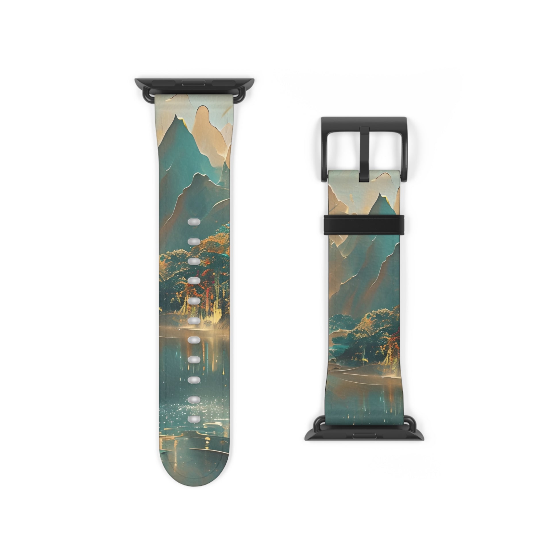 Misty Horizon Apple Watch band strap with black clasp displaying tranquil misty mountain landscape design