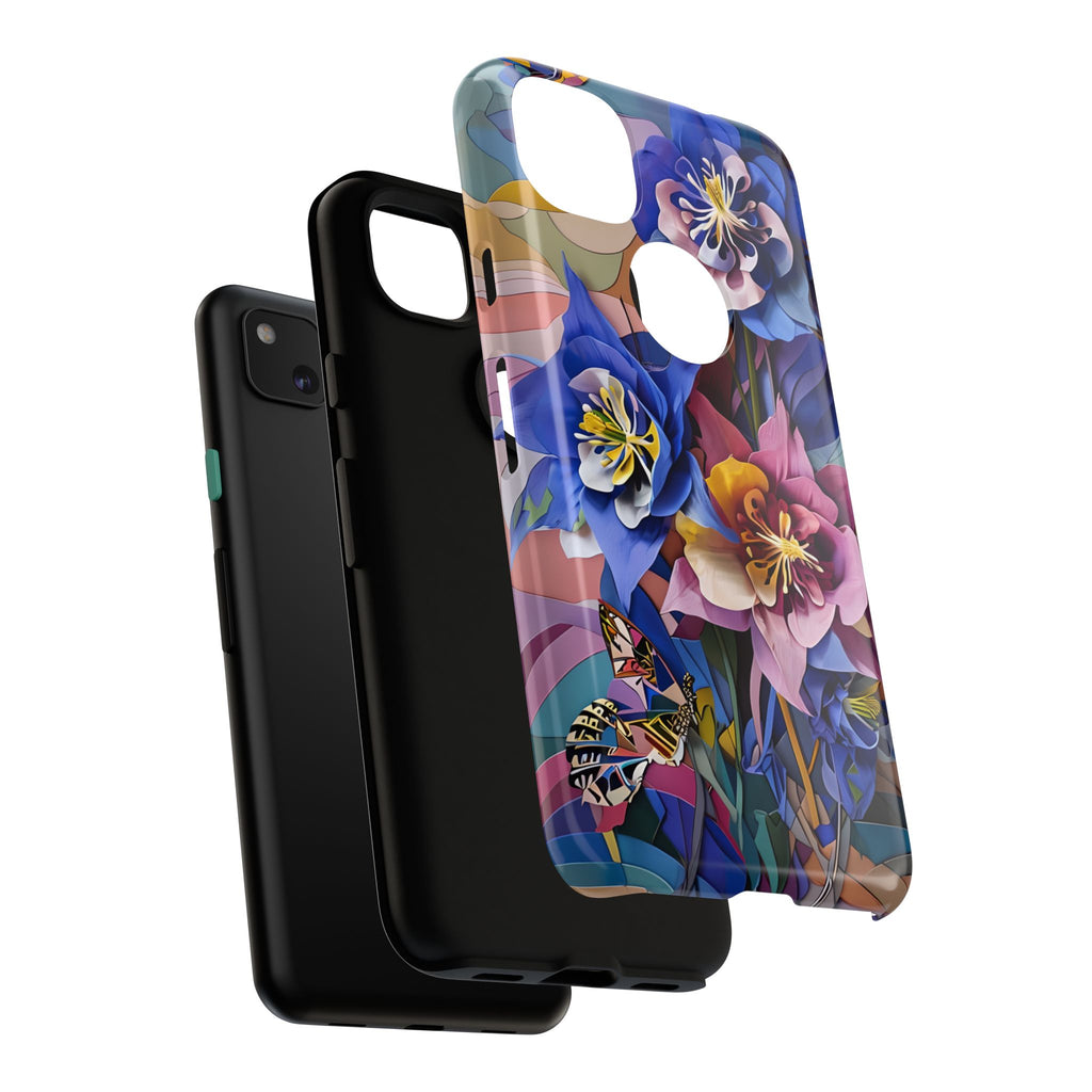 Blue Columbine Carnivale - Artistic Floral & Butterfly Google Pixel 4a Tough Phone Case - Vibrant Botanical Design