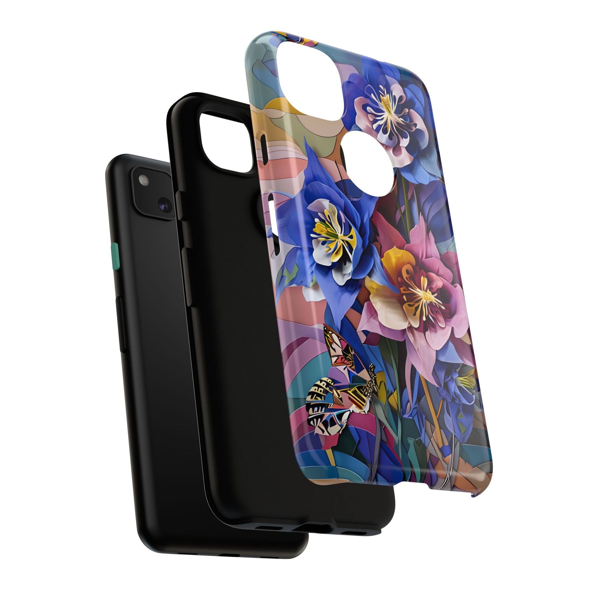 Blue Columbine Carnivale - Artistic Floral & Butterfly Google Pixel 4a Tough Phone Case - Vibrant Botanical Design