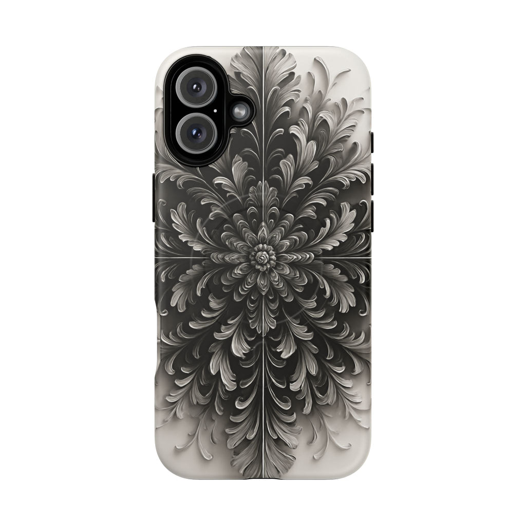 Obsidian Bloom - Elegant Black & White iPhone 16 Plus MagSafe Phone Case - Intricate Mandala Flower Design