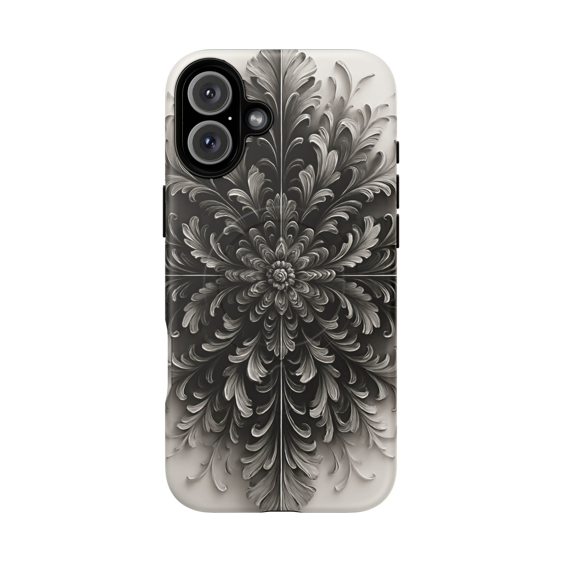 Obsidian Bloom - Elegant Black & White iPhone 16 Plus MagSafe Phone Case - Intricate Mandala Flower Design