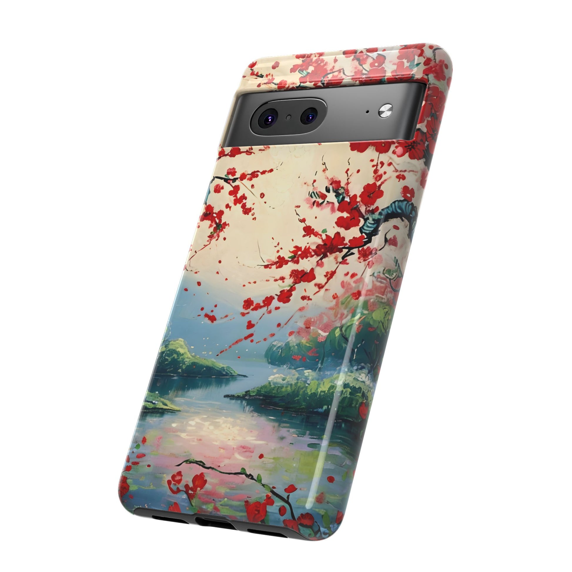 Crimson Blossom Lake - Artistic Floral Landscape Google Pixel 7 Tough Phone Case - Red Cherry Blossoms & Serene Lake Design