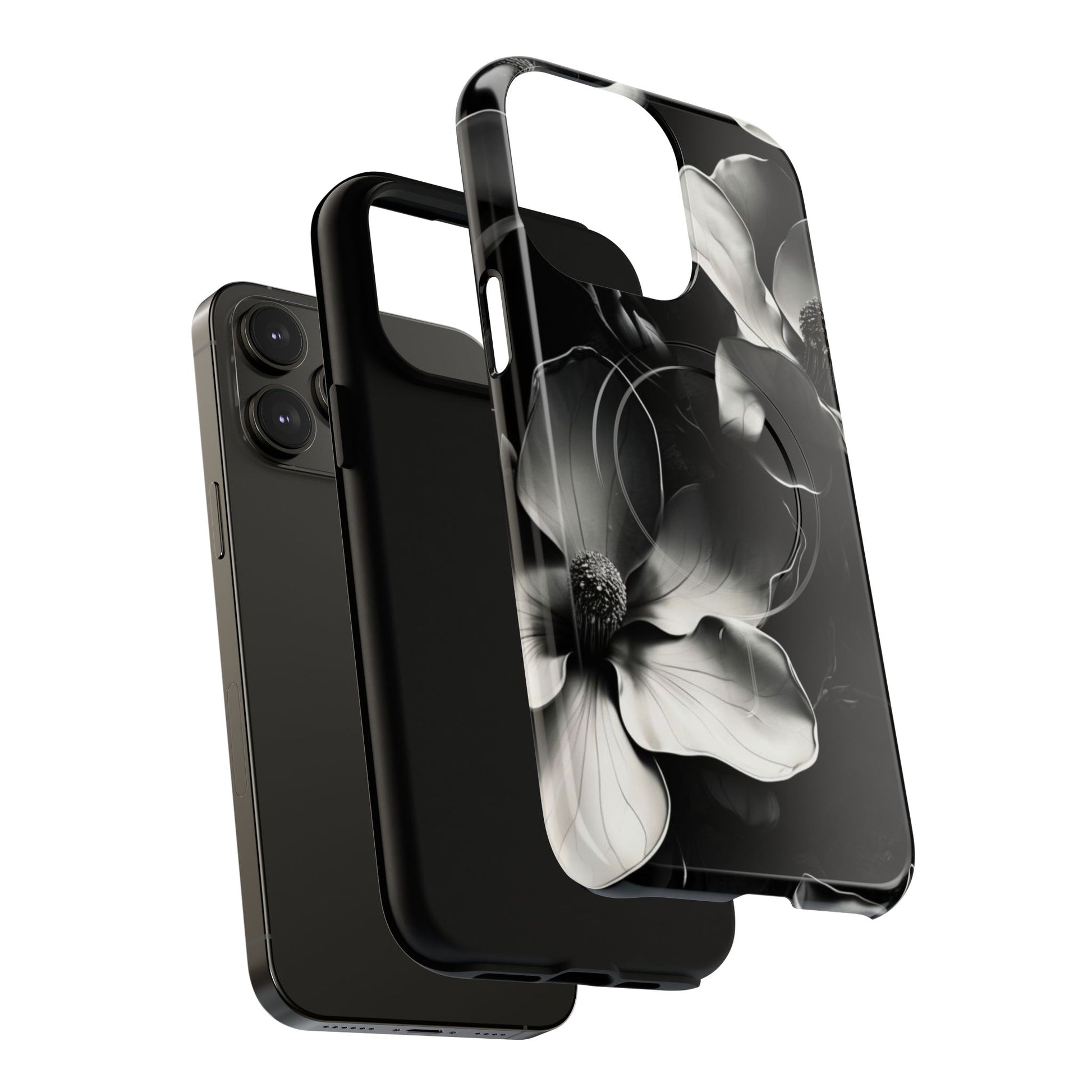 Monochrome Magnolia - Elegant Black & White Floral iPhone 14 Pro Max MagSafe Phone Case - Artistic Magnolia Design