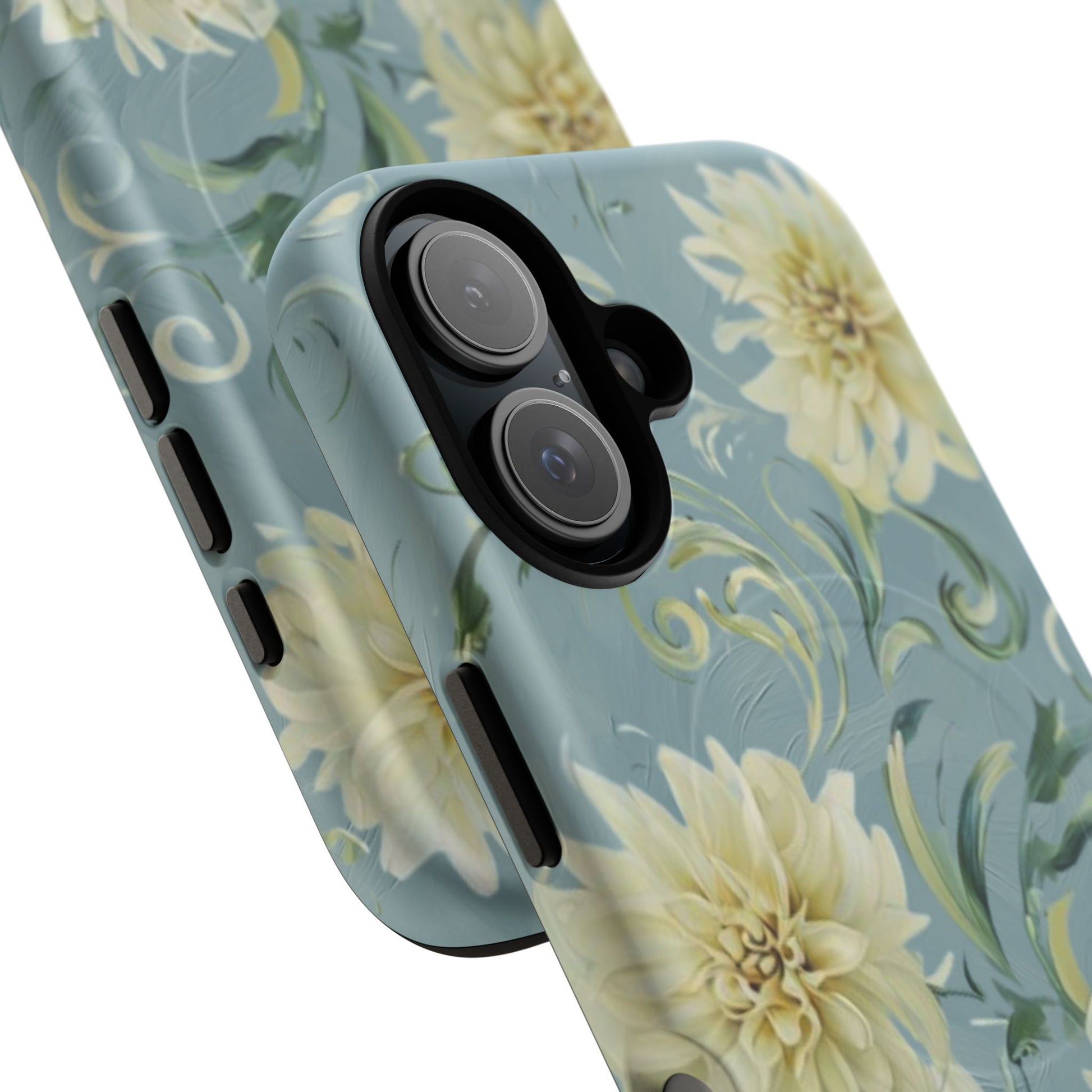 Golden Dahlia Trio - Elegant Floral iPhone 16 MagSafe Phone Case - Artistic White & Blue Dahlia Design