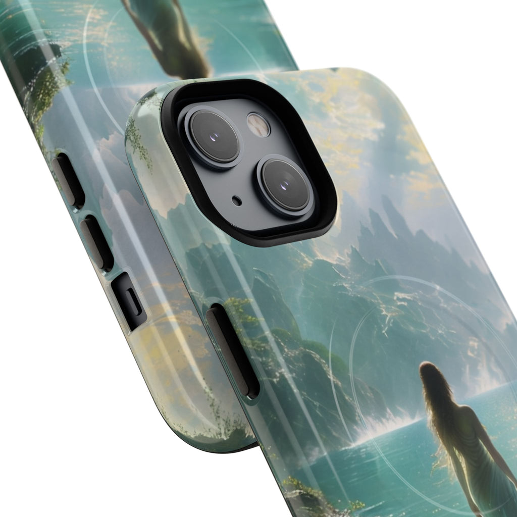 Celestial Tides - Dreamscape Art iPhone 14 MagSafe Phone Case -Ethereal Woman & Fantasy Landscape Design
