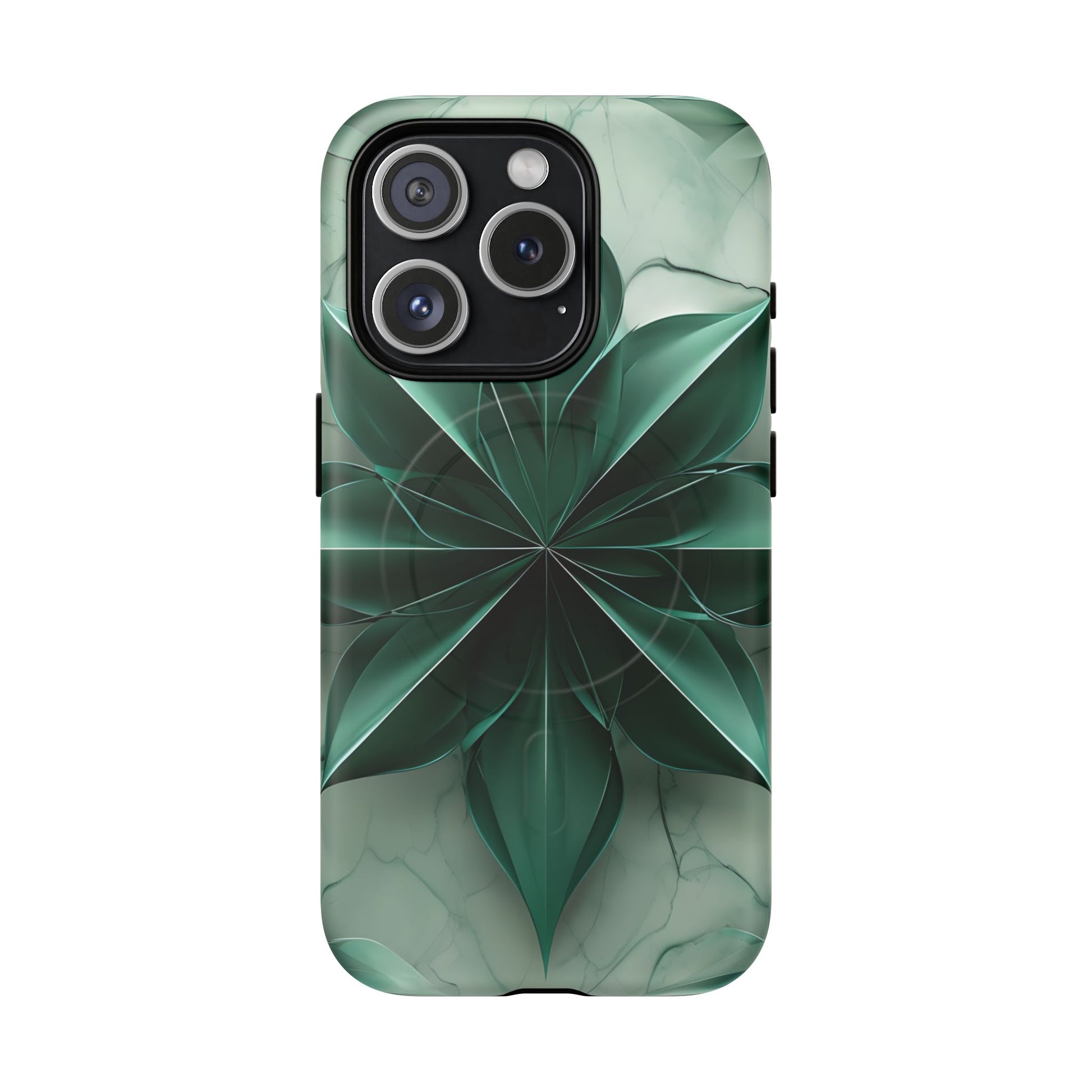 Emerald Bloom iPhone 15 Pro MagSafe Phone Case -Modern Symmetrical Floral Design, Green