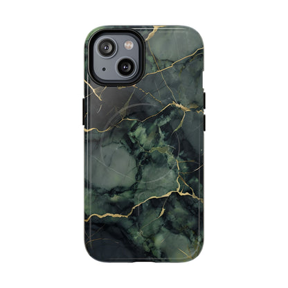 Verdant Vein iPhone MagSafe case with deep green marble and gold veining design