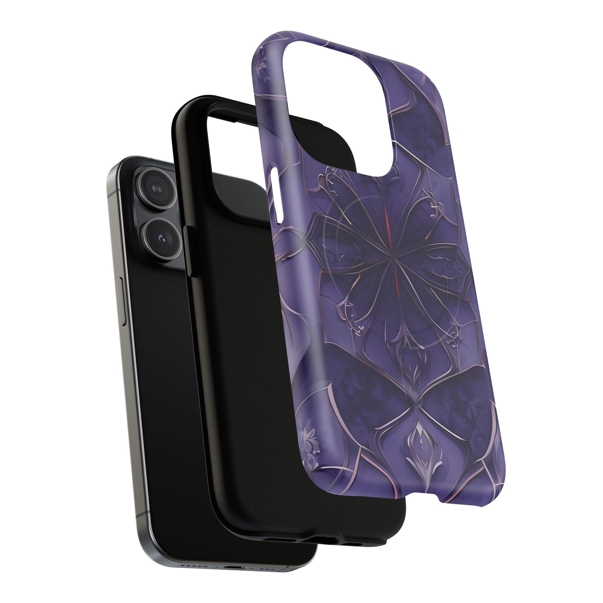 Violet Nebula - Kaleidoscope Collection Artistic Floral Burst - iPhone 15 Pro MagSafe Phone Case -Bold Purple Symmetrical Design