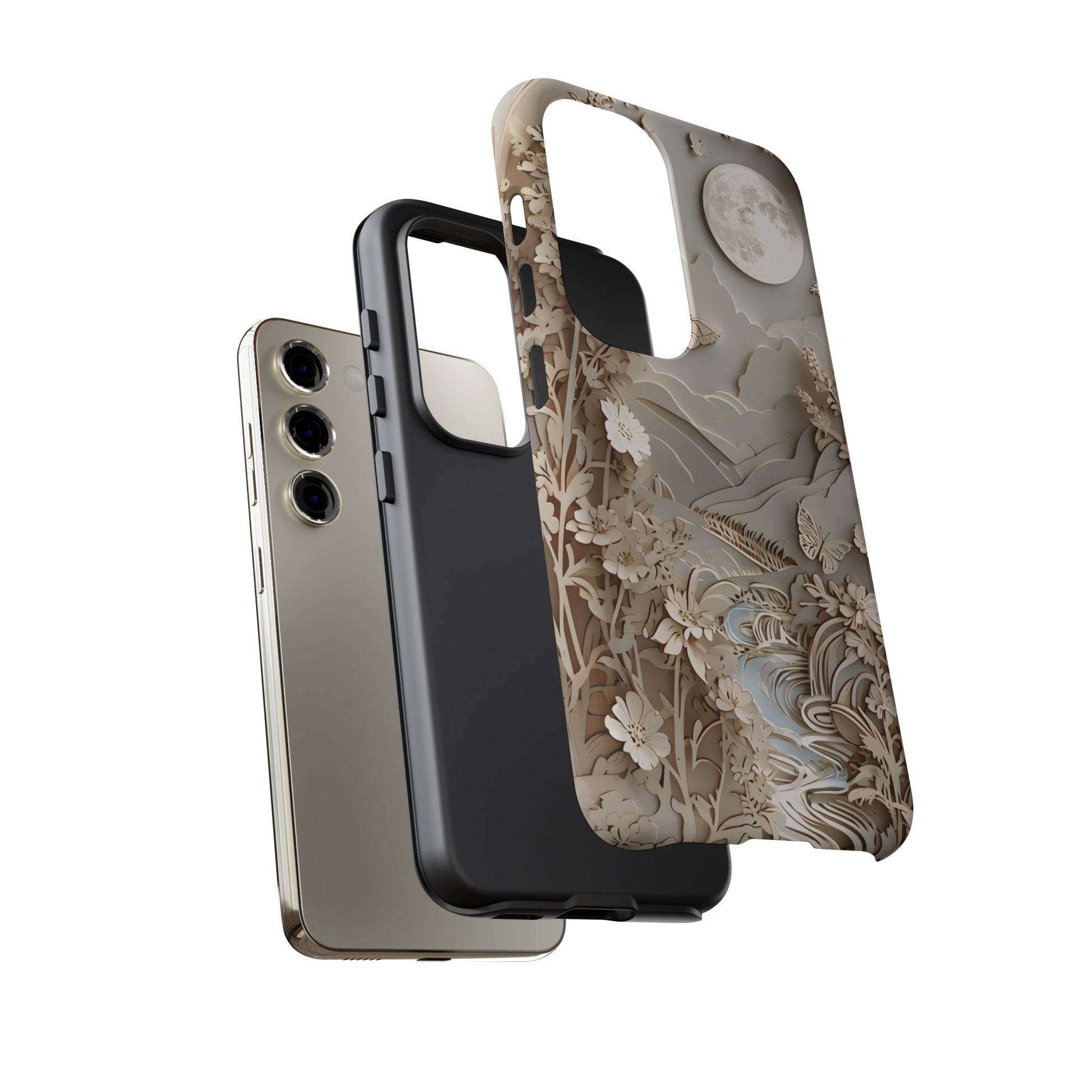 Moonlit Garden - Elegant Neutral Floral Samsung Galaxy S23 Tough Phone Case - Painterly Botanical & Moon Design