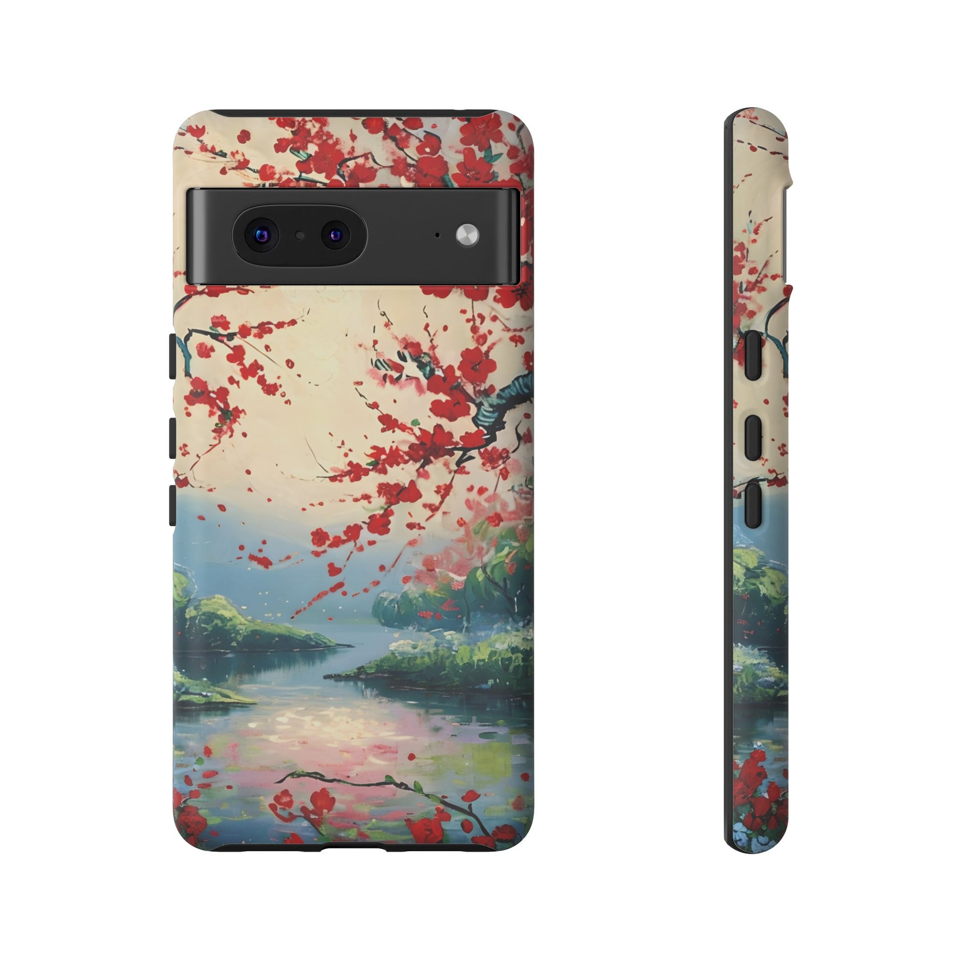 Crimson Blossom Lake - Artistic Floral Landscape Google Pixel 7 Tough Phone Case - Red Cherry Blossoms & Serene Lake Design
