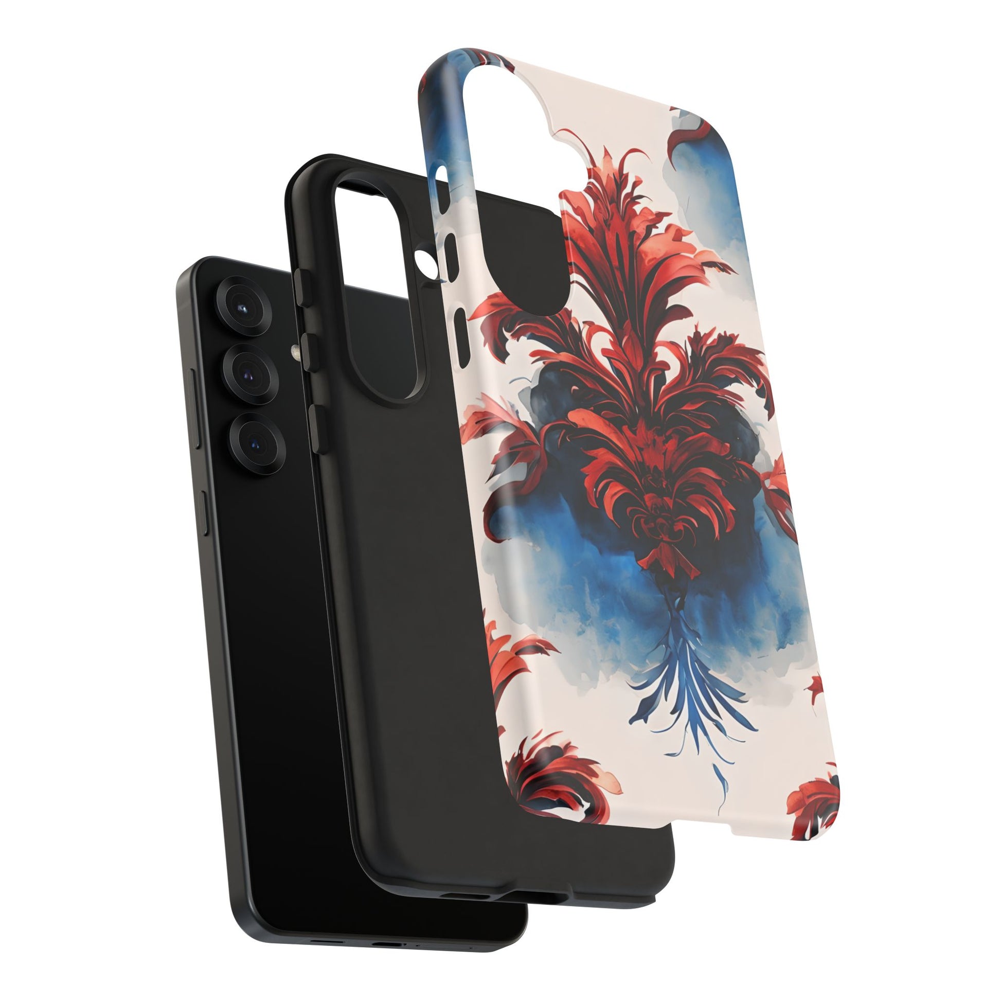 Crimson Plume - Bold Artistic Feather Samsung Galaxy S25 Plus Tough Phone Case - Dramatic Red & Blue Design