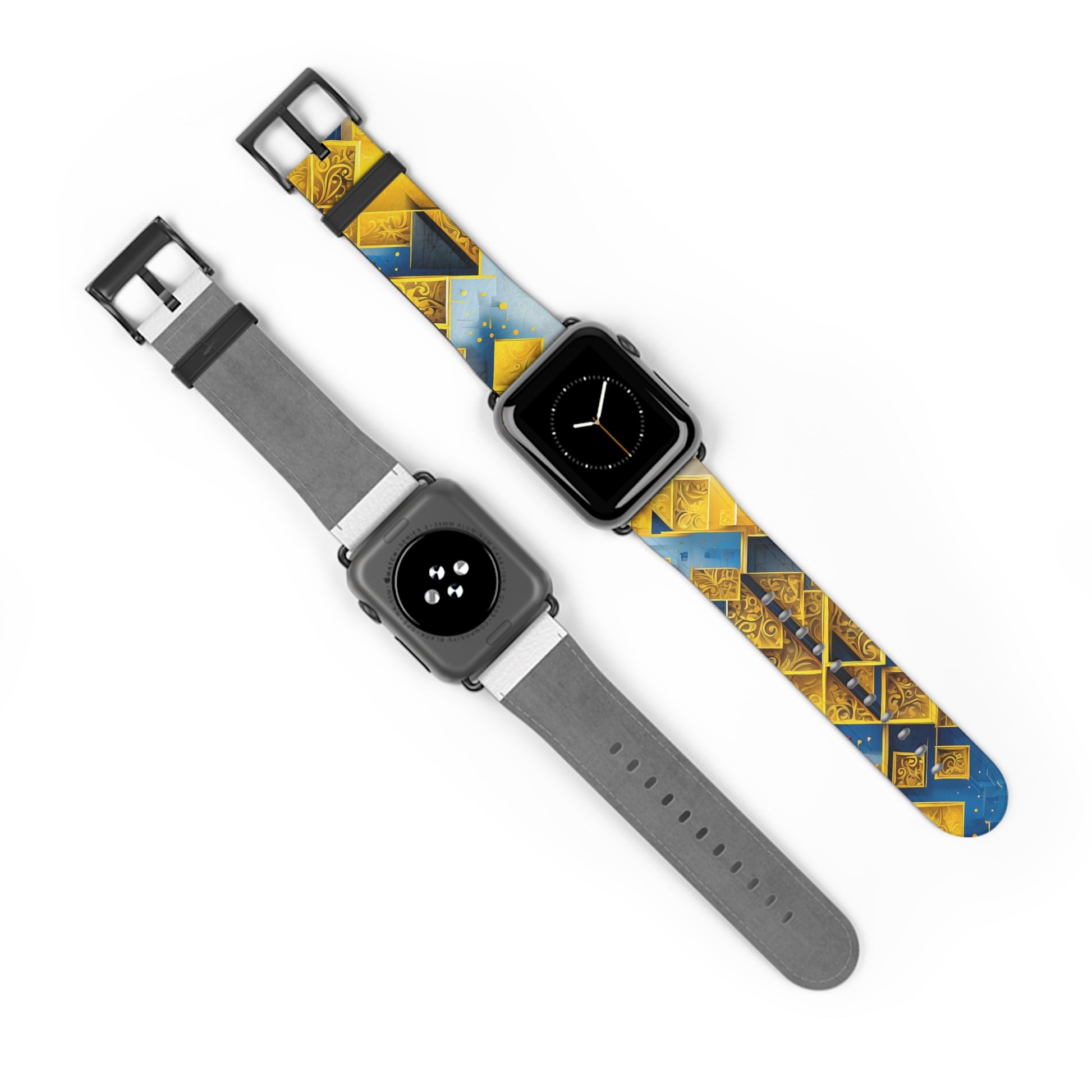 Golden Ascent Apple Watch bands shown on two watches front and back highlighting geometric mountain artwork