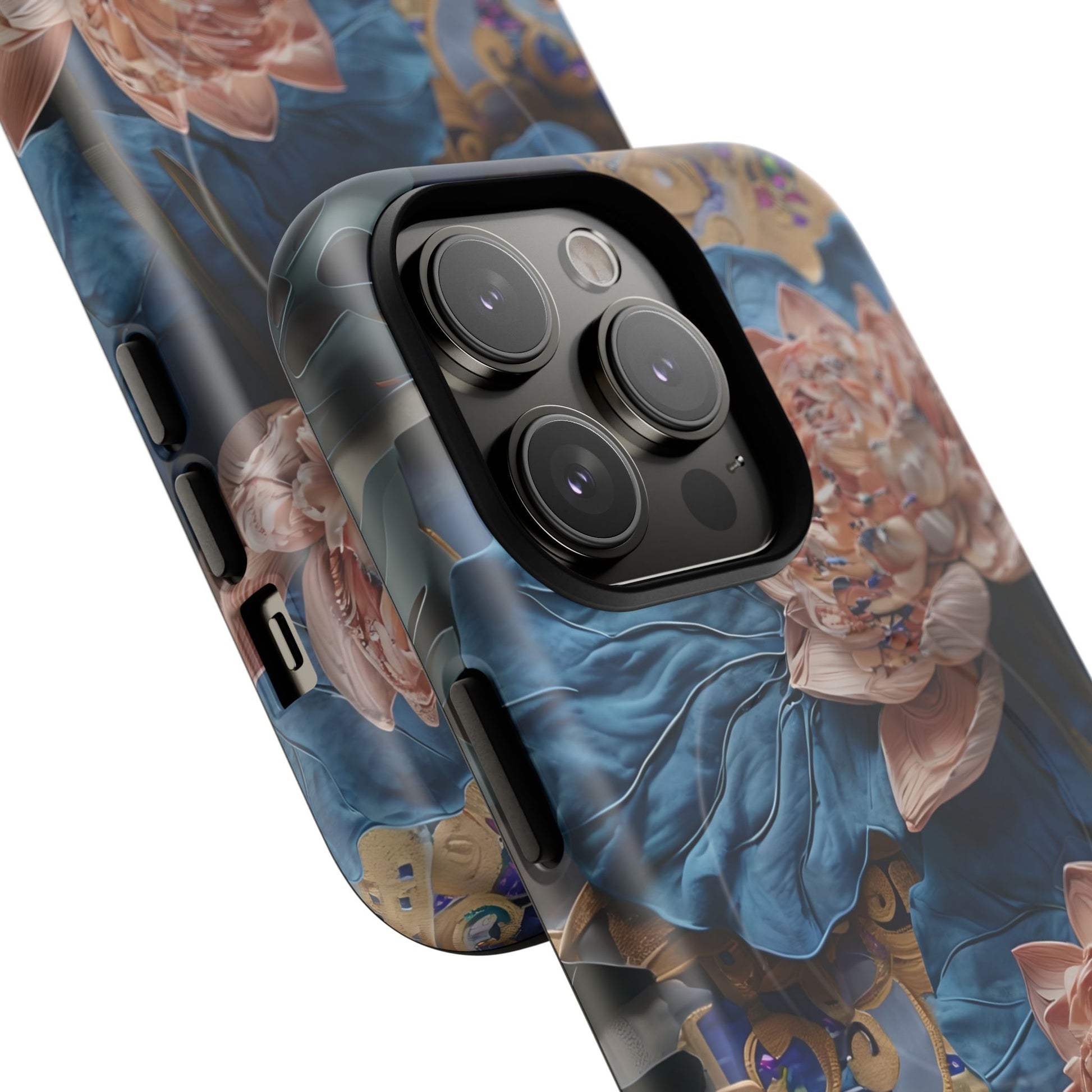 Peony Midnight Tapestry - iPhone 14 Pro - MagSafe Compatible - Elegant Blue & Blush Artful Phone Cover
