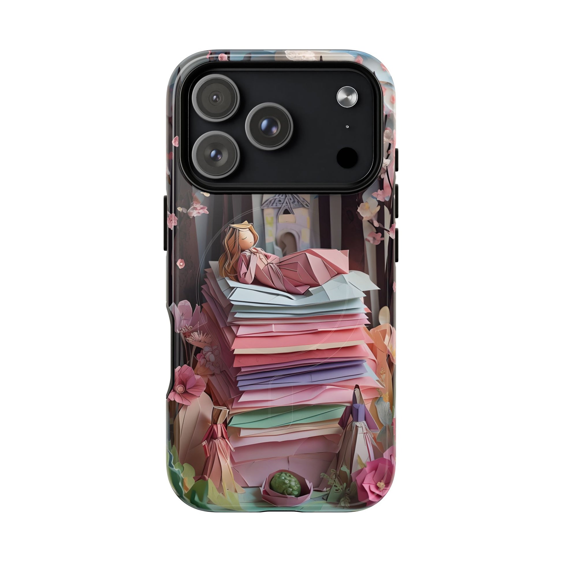 Phone case with fairy tale design featuring a girl and castle with large camera cutout