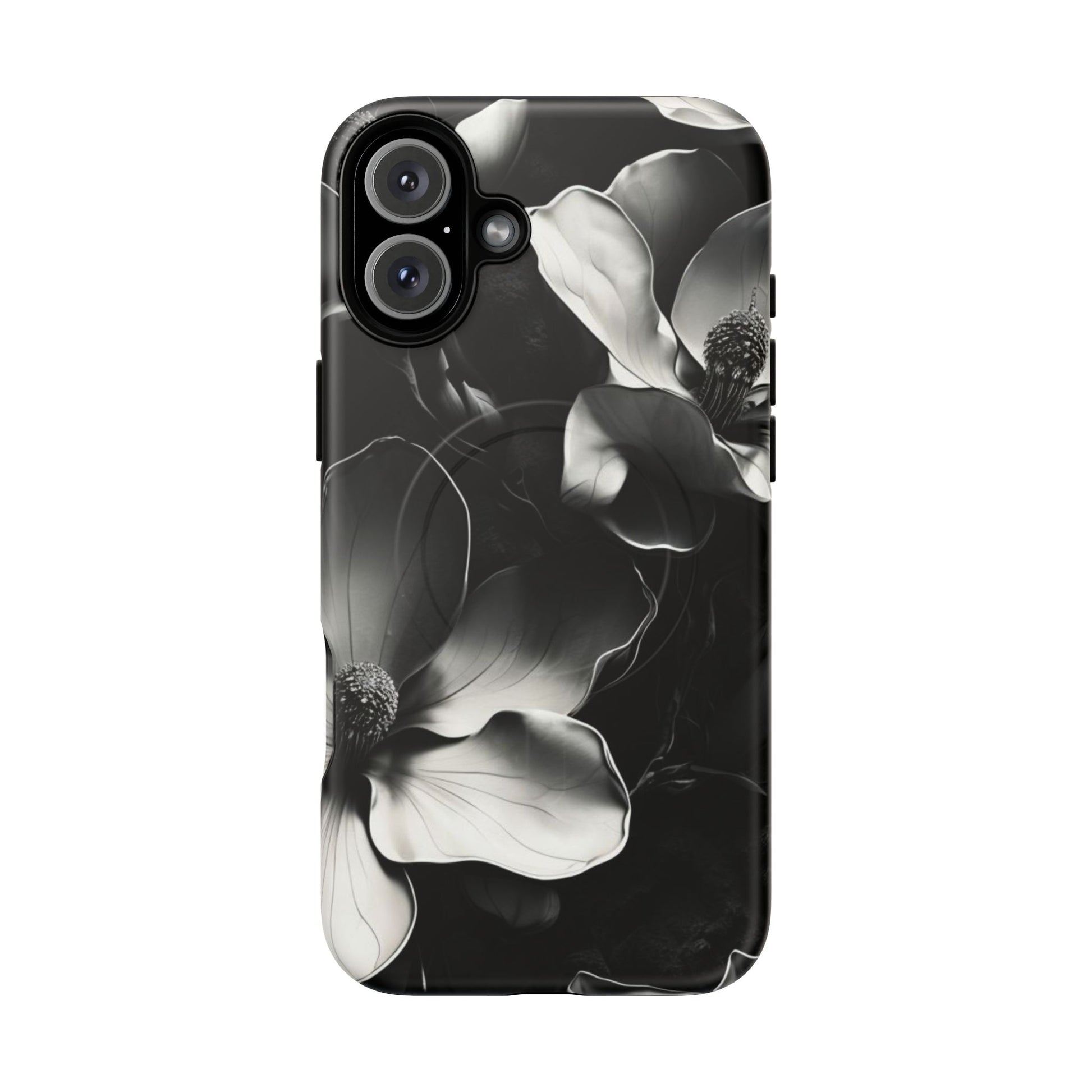 Monochrome Magnolia - Elegant Black & White Floral iPhone 16 Plus MagSafe Phone Case - Artistic Magnolia Design