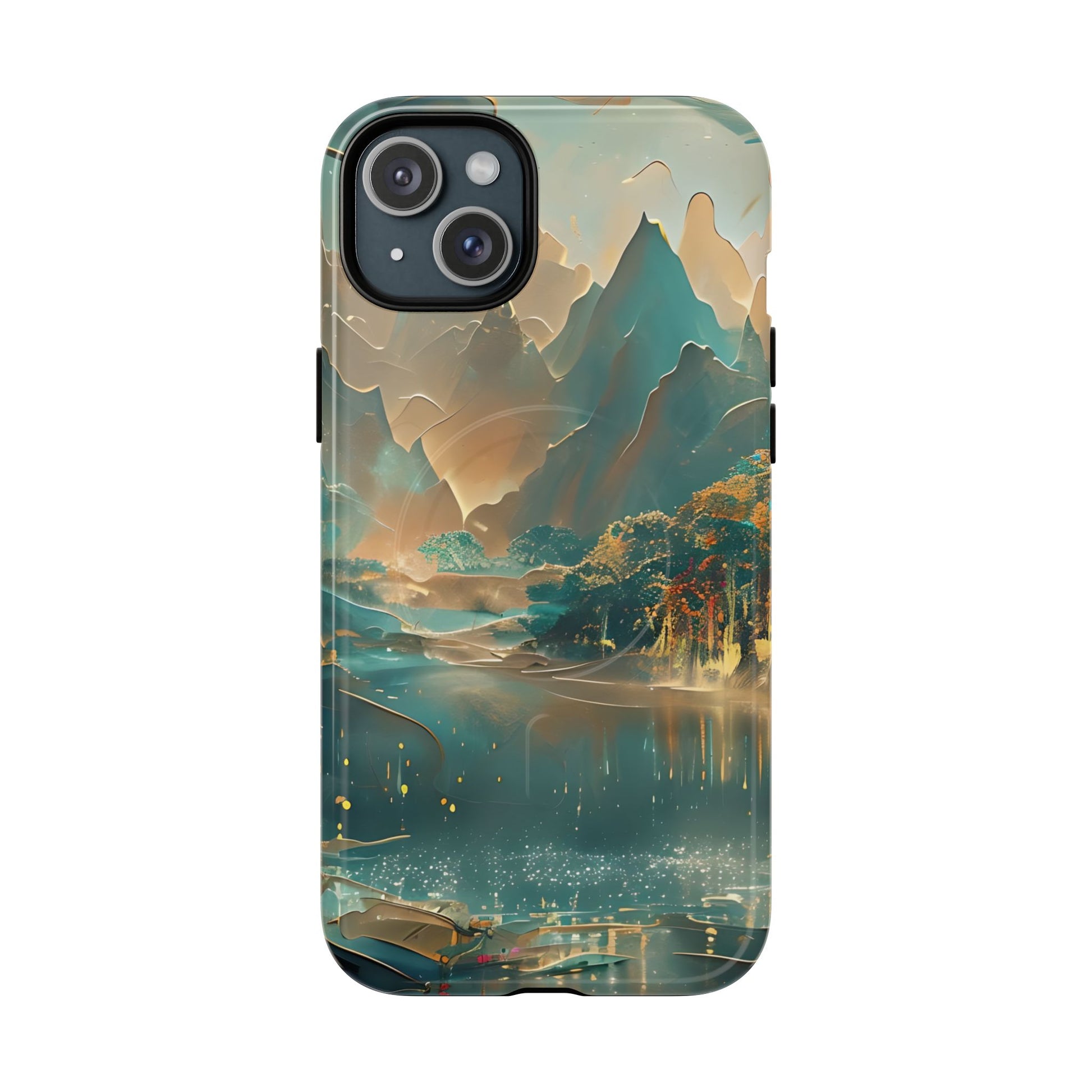 Misty Horizon - Serene Landscape Art iPhone 15 Plus MagSafe Phone Case - Tranquil Mountain & Lake Design
