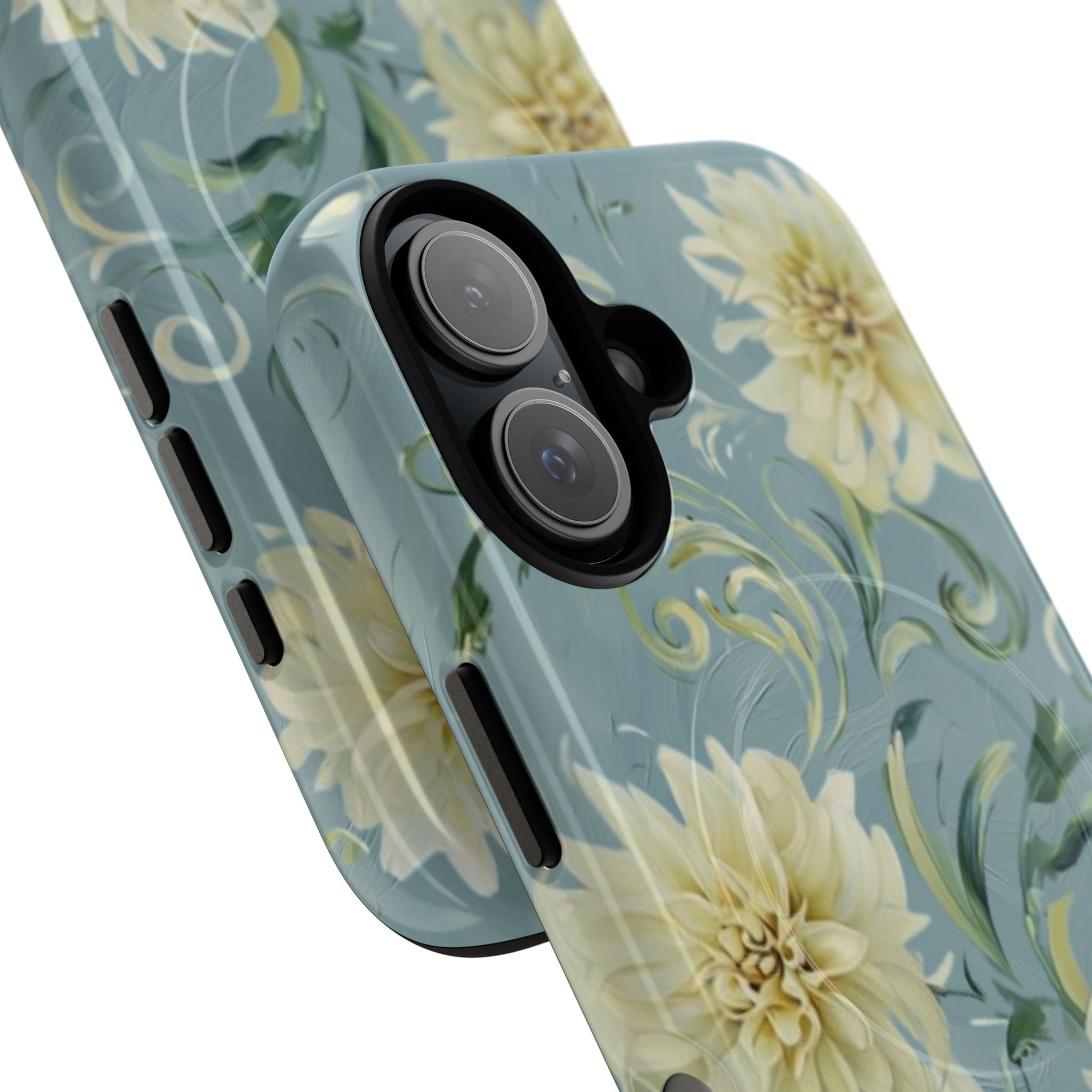 Golden Dahlia Trio - Elegant Floral iPhone 16 MagSafe Phone Case - Artistic White & Blue Dahlia Design