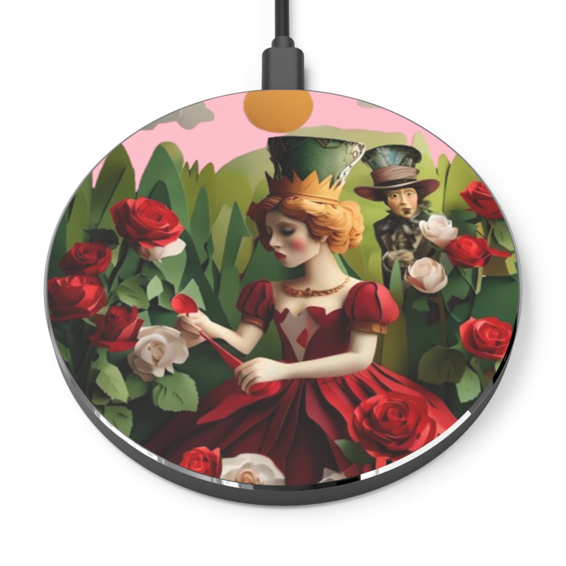 Royal Rose Court vintage rose garden art Qi wireless charger with red roses and Victorian queen illustration