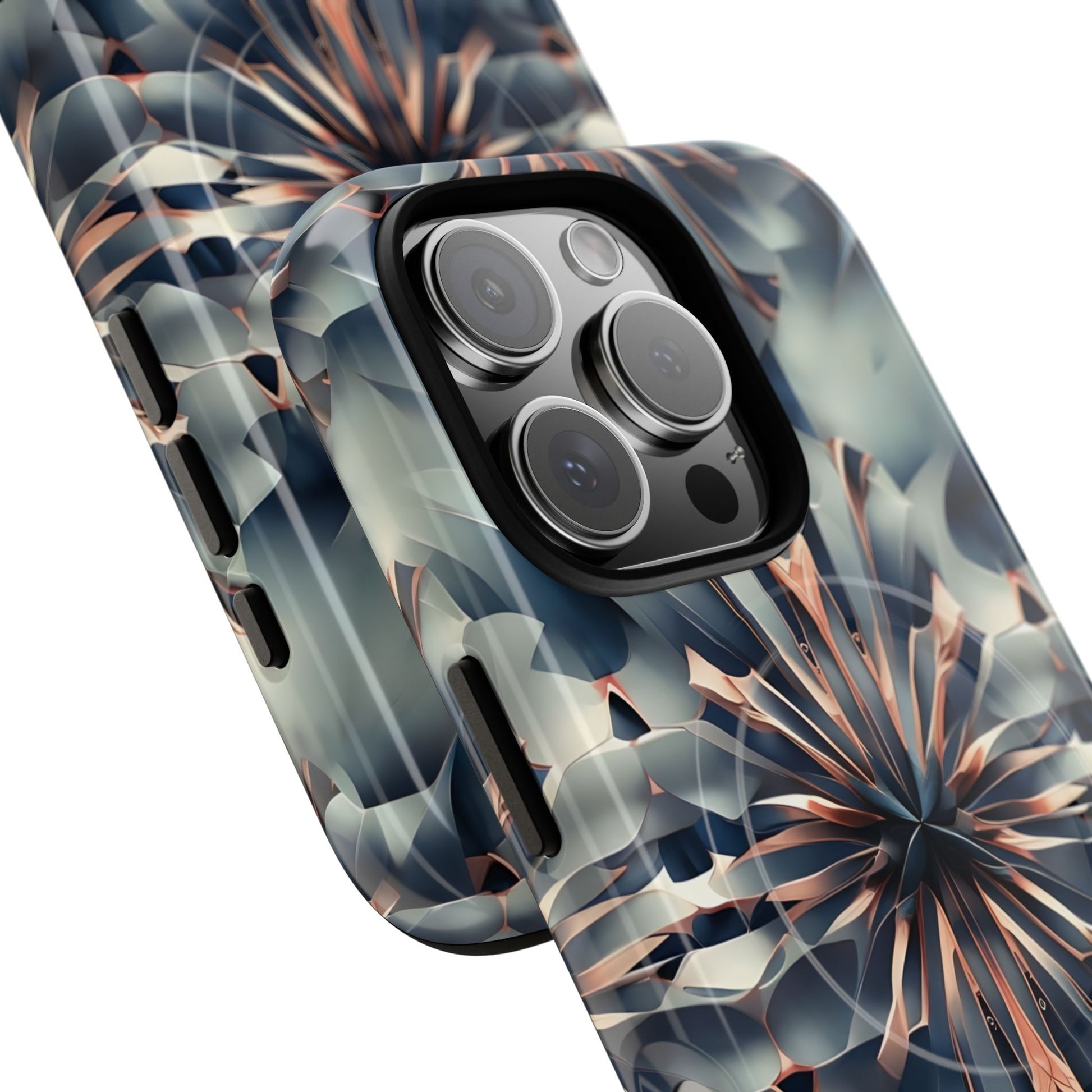 Obsidian Kaleidoscope Artistic Floral Burst - iPhone 16 Pro MagSafe Phone Case -Blue, Peach and Silver Symmetrical Design