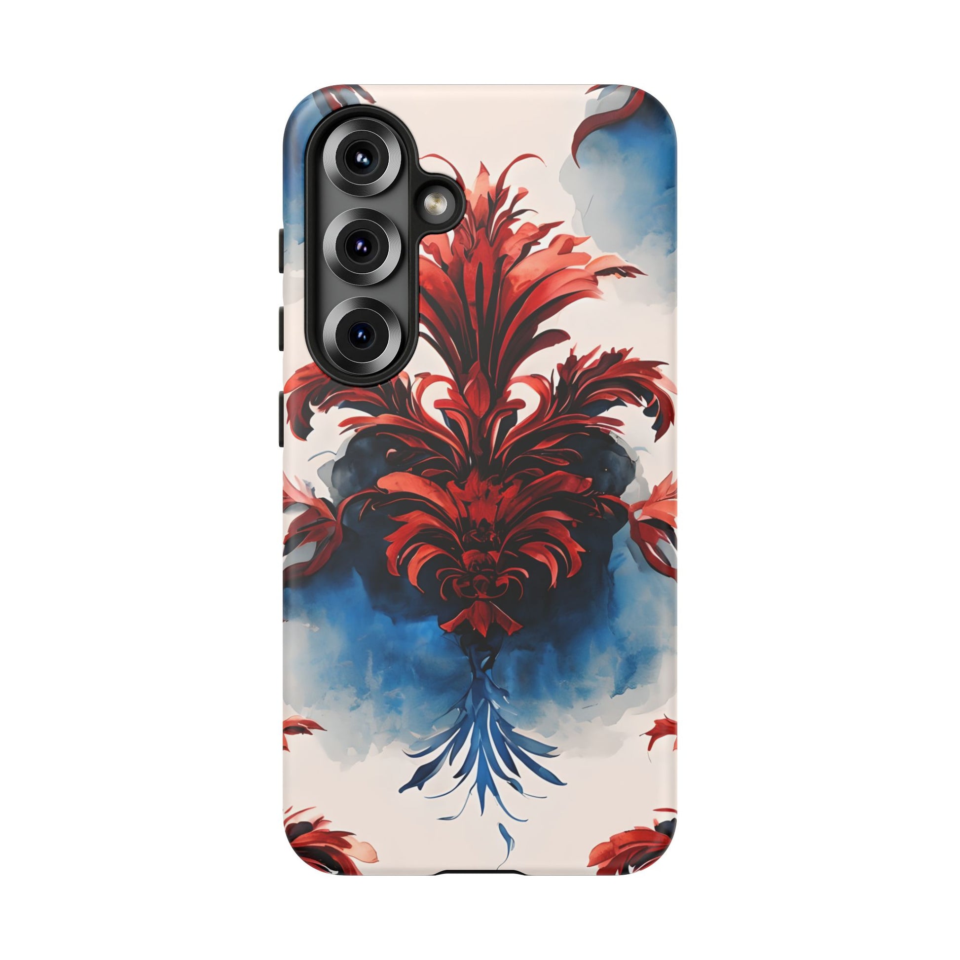 Crimson Plume - Bold Artistic Feather Samsung Galaxy S25 Tough Phone Case - Dramatic Red & Blue Design