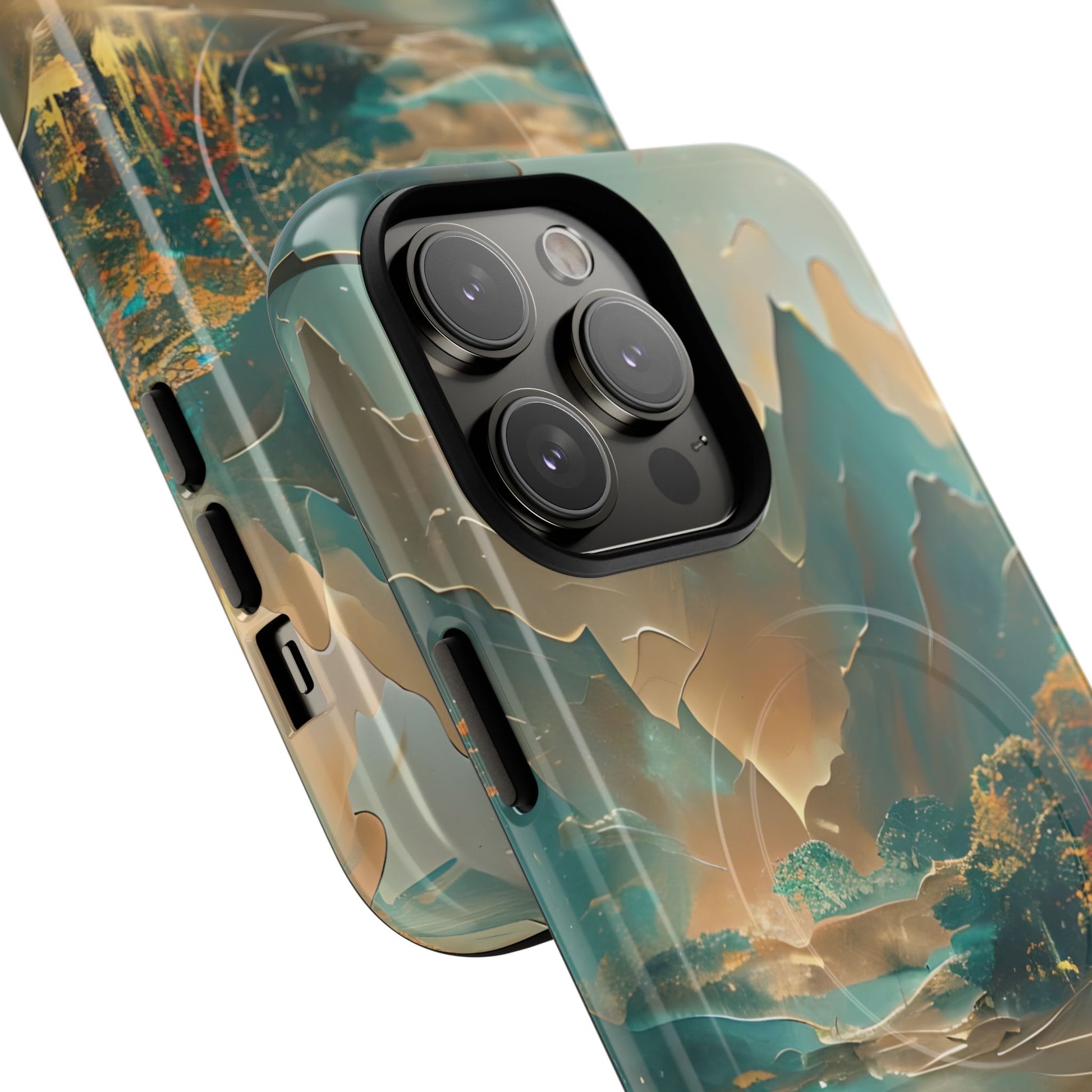 Misty Horizon - Serene Landscape Art iPhone 14 Pro Max MagSafe Phone Case - Tranquil Mountain & Lake Design