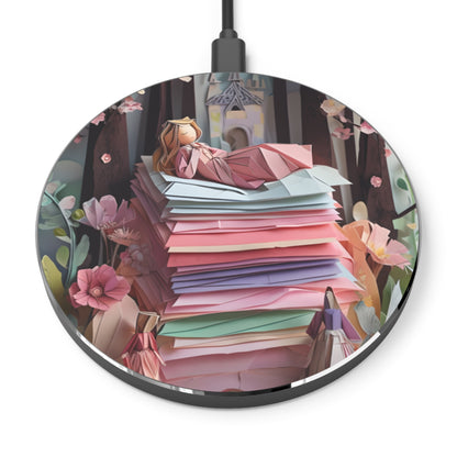 A Good Night's Sleep cozy reading scene decorative Qi wireless charger with stack of papers and sleeping woman illustration