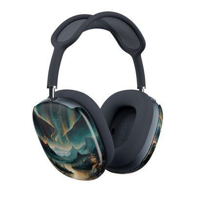 Aurora Dreamscape AirPods Max cover set on Apple headphones, surreal aurora landscape design for Apple AirPods Max, angled side view