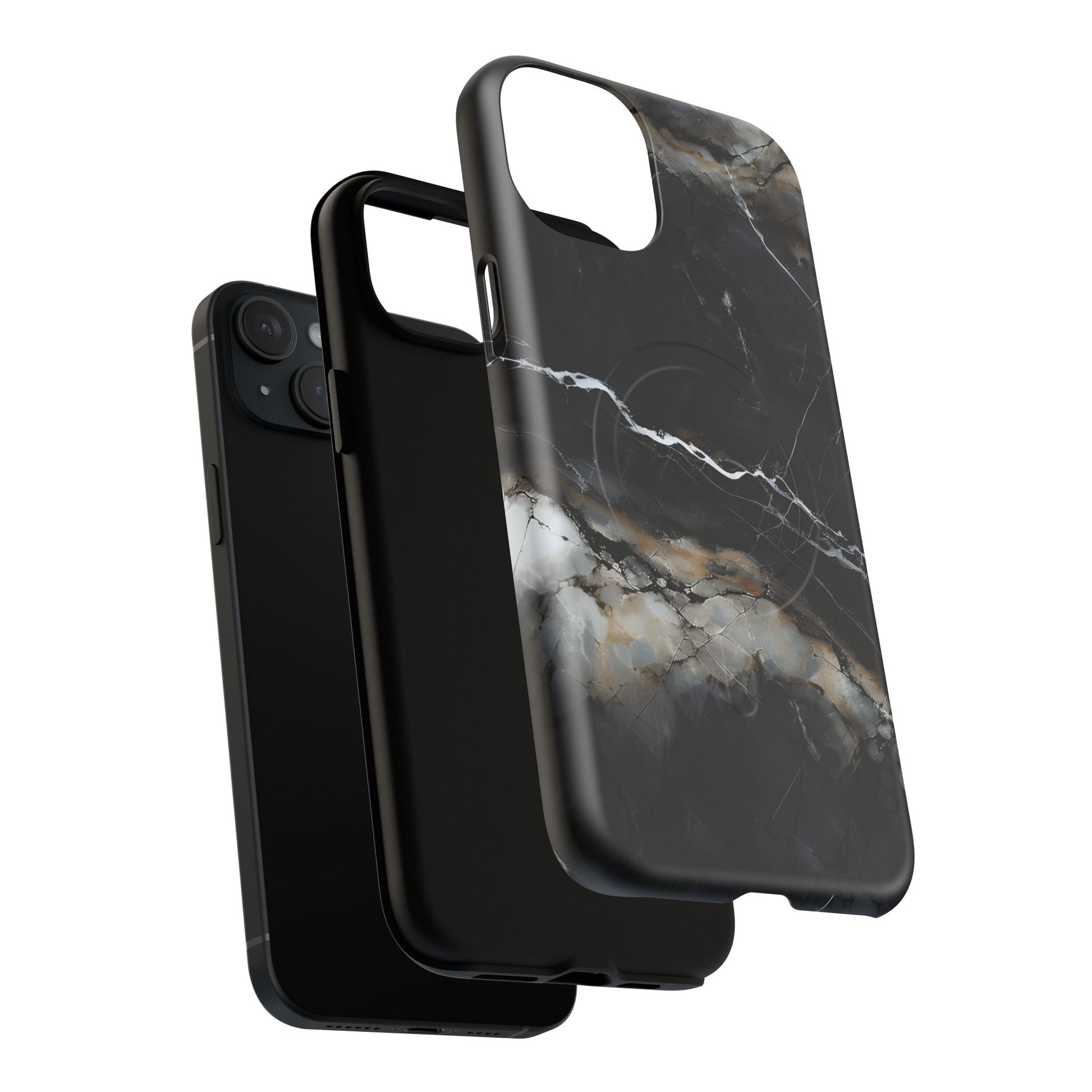 Obsidian Vein iPhone 15 Plus MagSafe Phone Case -Black Neutral Marble Design