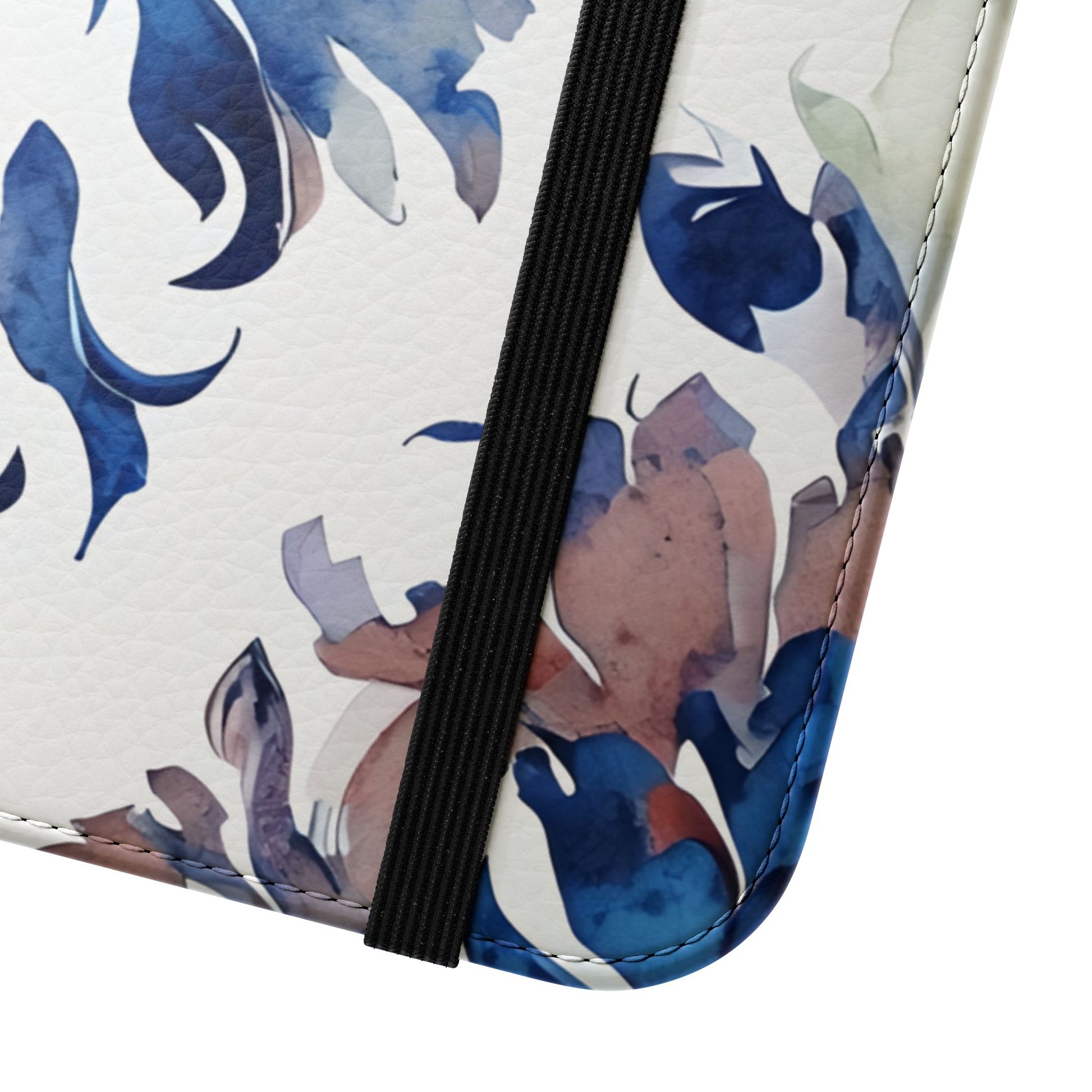 Close view of Delft Reverie floral iPhone wallet flip phone case with elastic closure