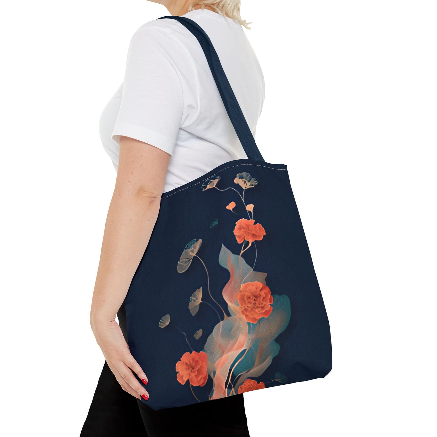 Lotus Reverie Tote Bag (16x16 & 18x18)- Deep Navy Canvas with Soft Coral Lotus and Leaf Motifs, Reusable & Eco-Friendly