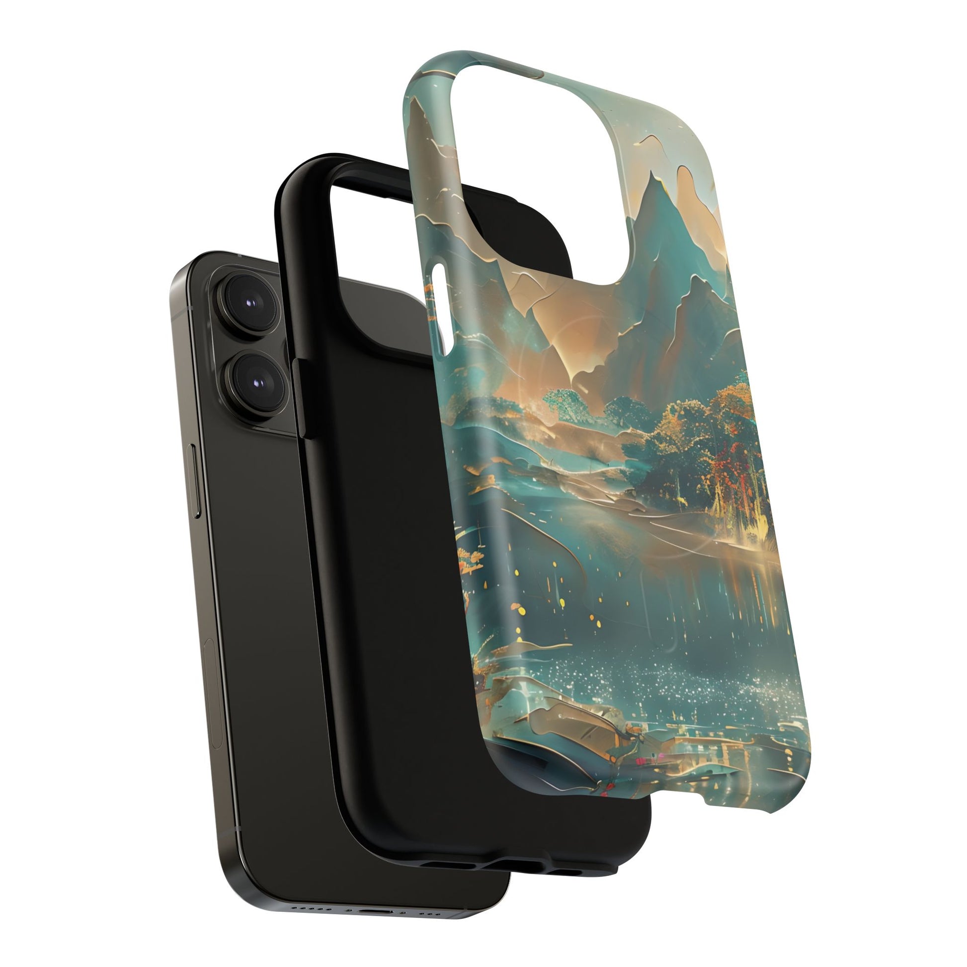 Misty Horizon - Serene Landscape Art iPhone 14 Pro MagSafe Phone Case - Tranquil Mountain & Lake Design