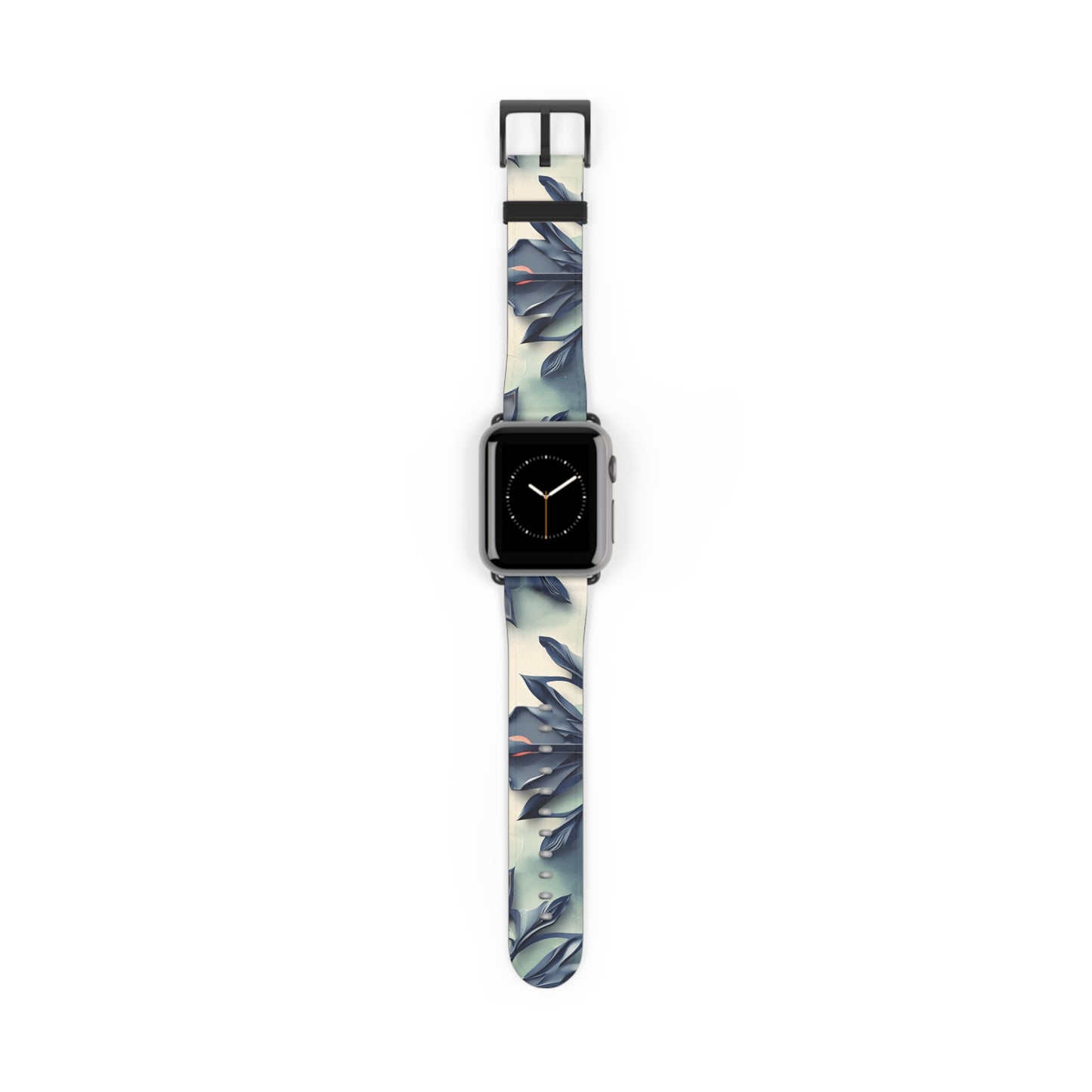 Frosted Indigo Bloom Apple Watch band with watch face featuring cool indigo floral artwork with soft icy blue tones