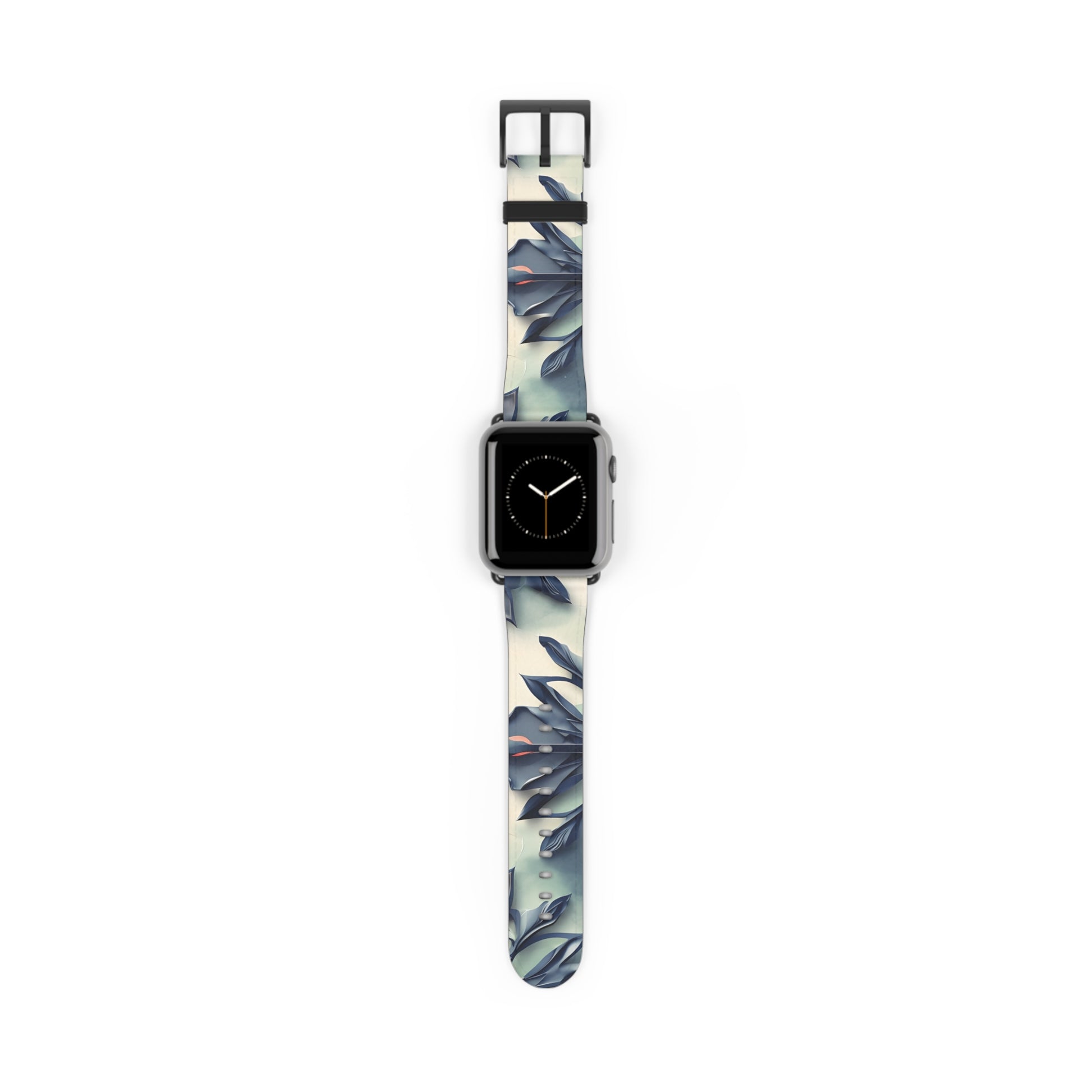 Frosted Indigo Bloom Apple Watch band with watch face featuring cool indigo floral artwork with soft icy blue tones