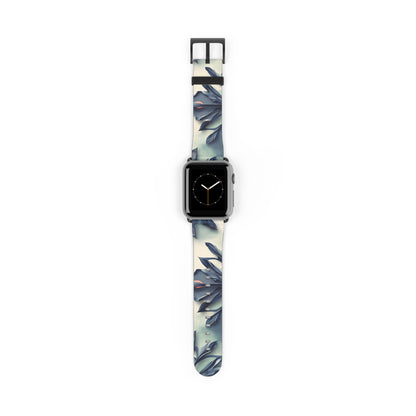 Frosted Indigo Bloom Apple Watch band with watch face featuring cool indigo floral artwork with soft icy blue tones