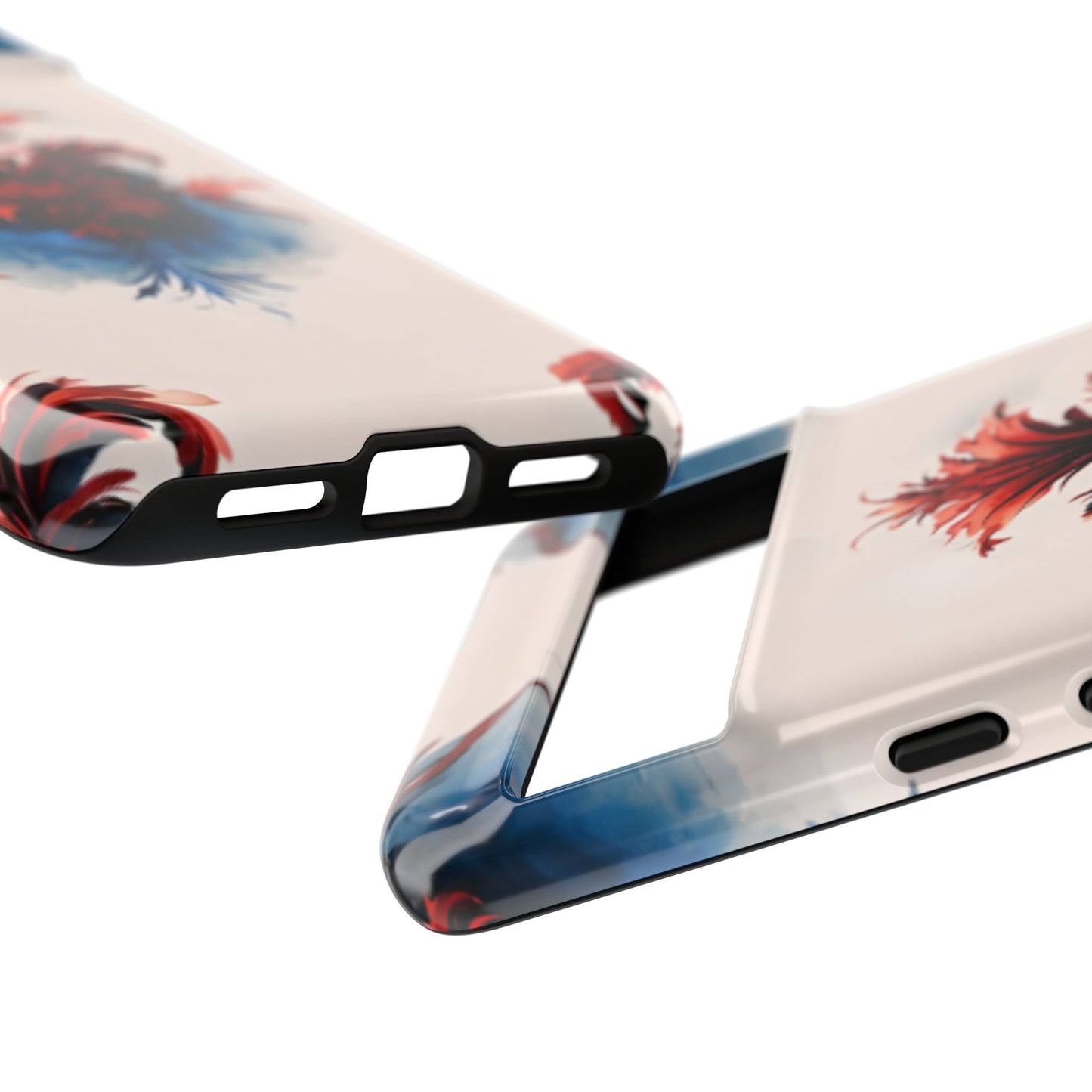 Crimson Plume red, white and blue feather artwork Google Pixel case camera bar detail