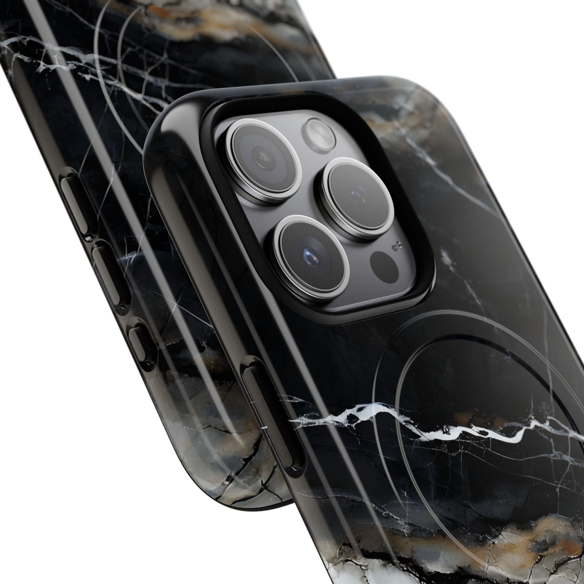 Obsidian Vein iPhone 15 Pro MagSafe Phone Case -Black Neutral Marble Design