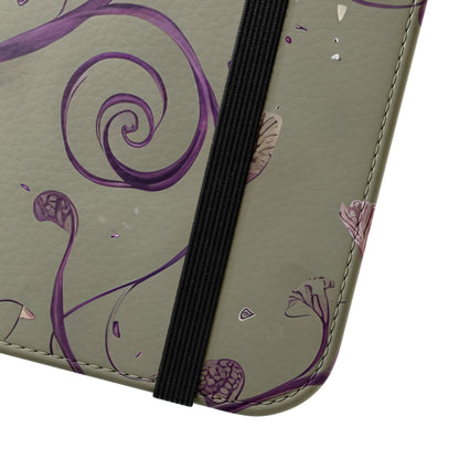 Close view of Twilight Thistle floral iPhone wallet flip phone case with elastic closure