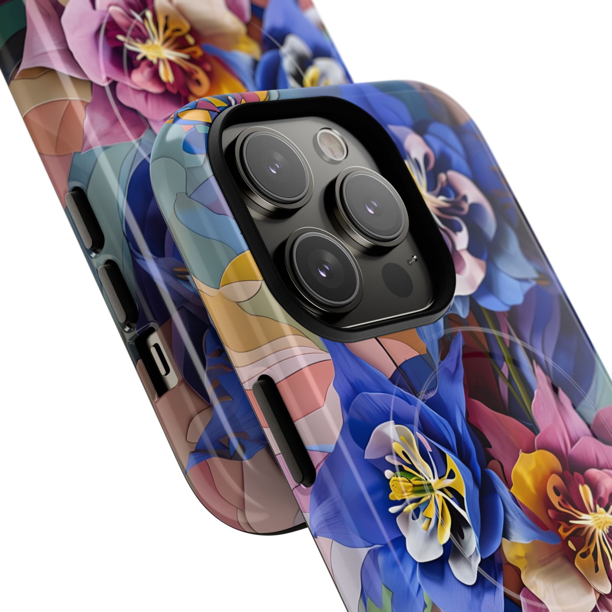 Blue Columbine Carnivale - Artistic Floral & Butterfly iPhone 14 Pro MagSafe Phone Case - Vibrant Botanical Design