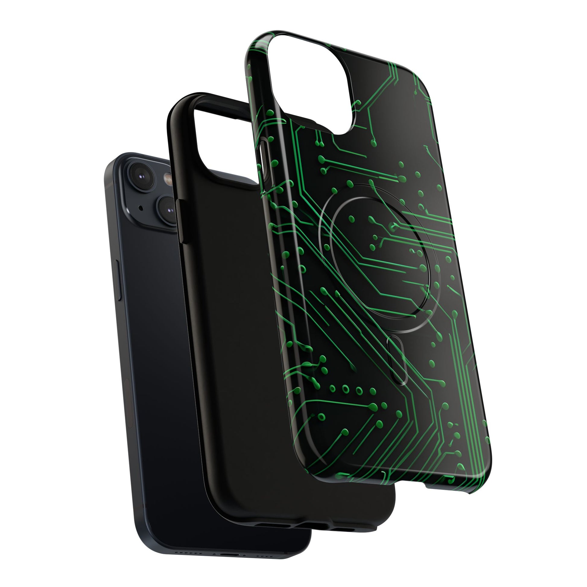 Green Circuit Grid iPhone 14 Plus MagSafe Compatible case- Tech-Inspired Shockproof Cover