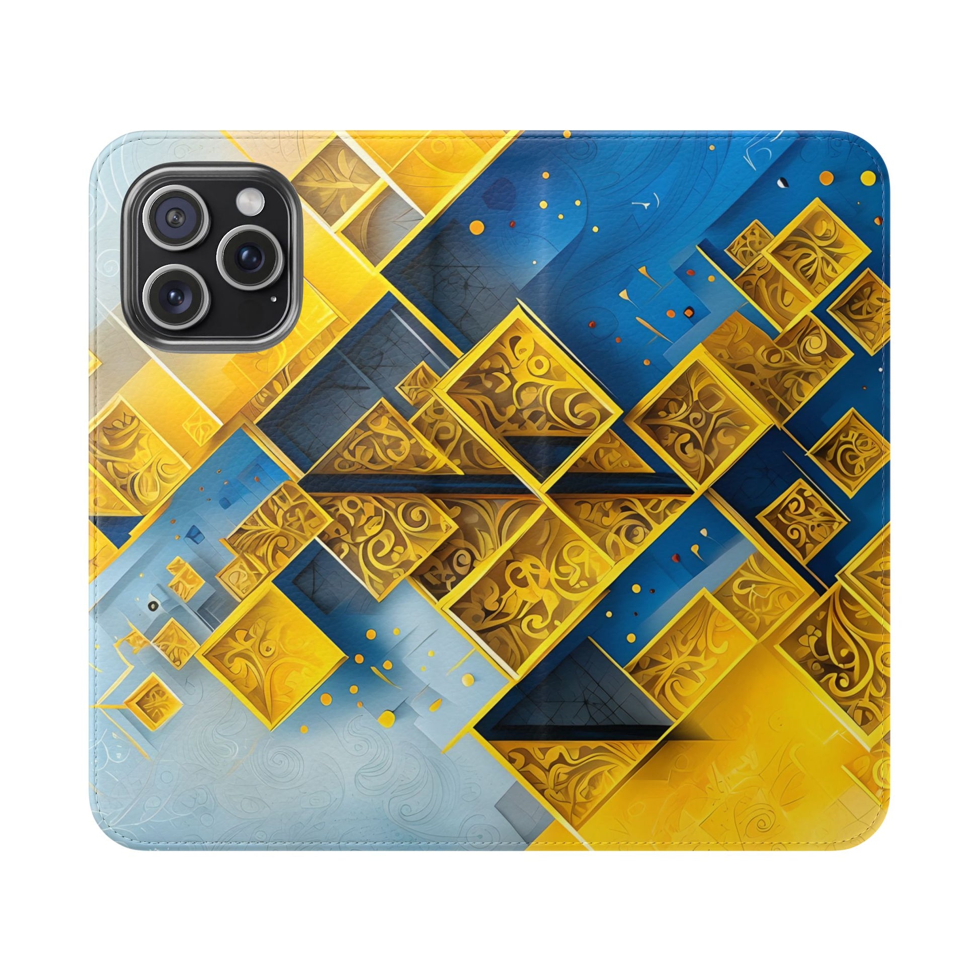 Golden Ascent Wallet Phone Case - Abstract Yellow & Blue Flip Cover for iPhone 15 Pro Max