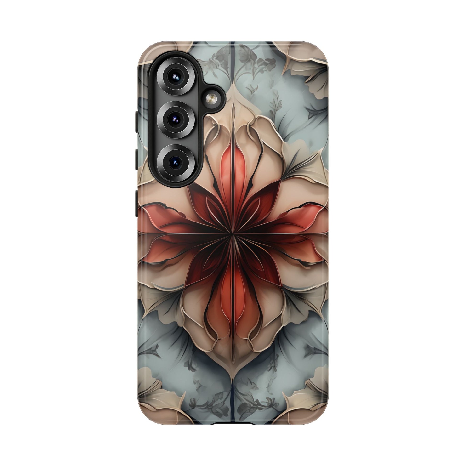 Ember Bloom - Kaleidoscope Collection Artistic Floral - Samsung Galaxy S25 Tough Phone Case - Fiery Symmetrical Design