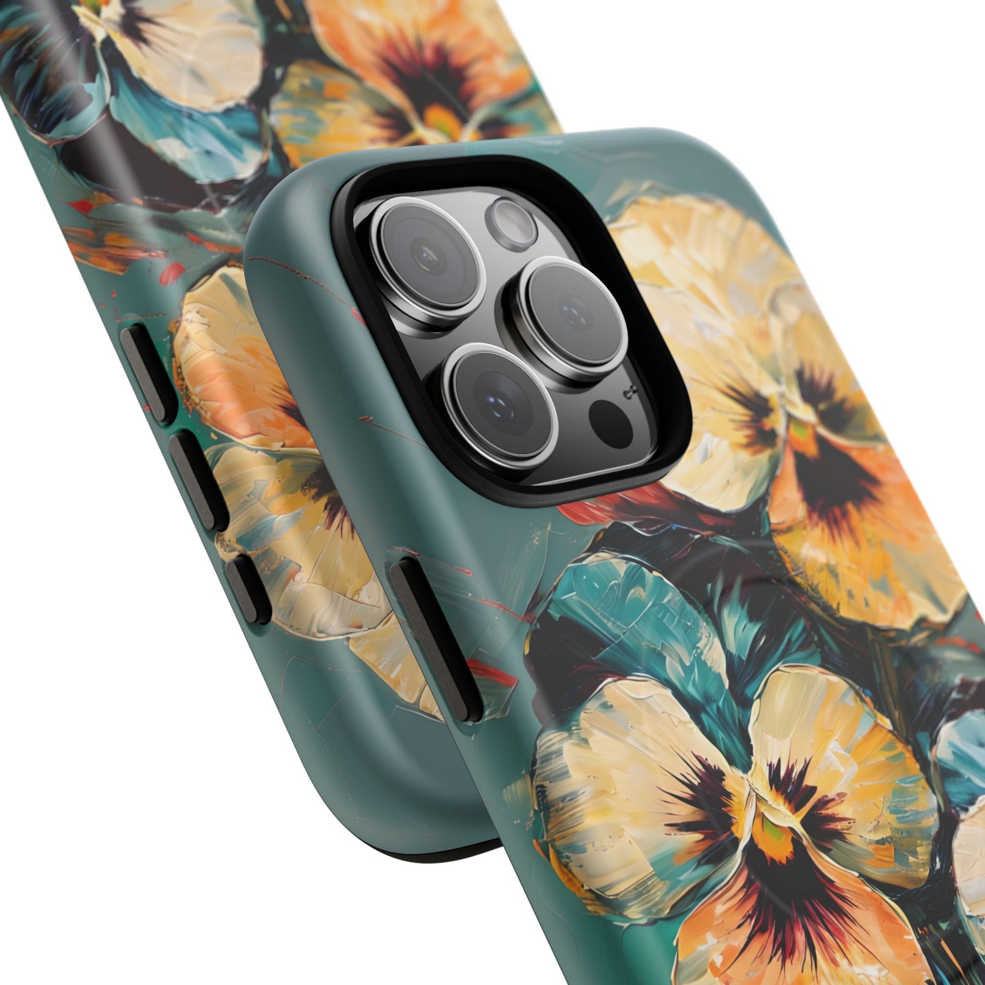 Golden Pansy Cascade - Elegant Floral iPhone 16 Pro Max MagSafe Case with Deep Teal Background