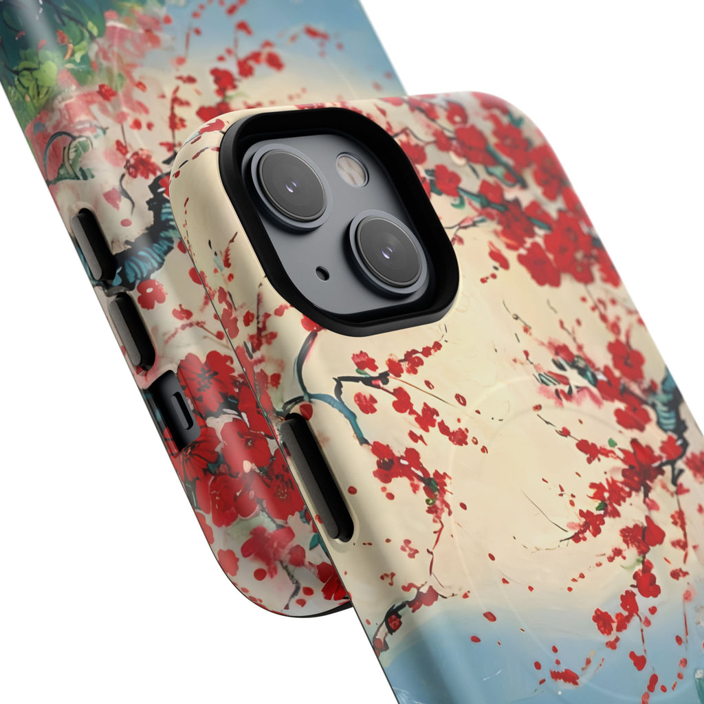 Crimson Blossom Lake - Artistic Floral Landscape iPhone 14 MagSafe Phone Case - Red Cherry Blossoms & Serene Lake Design