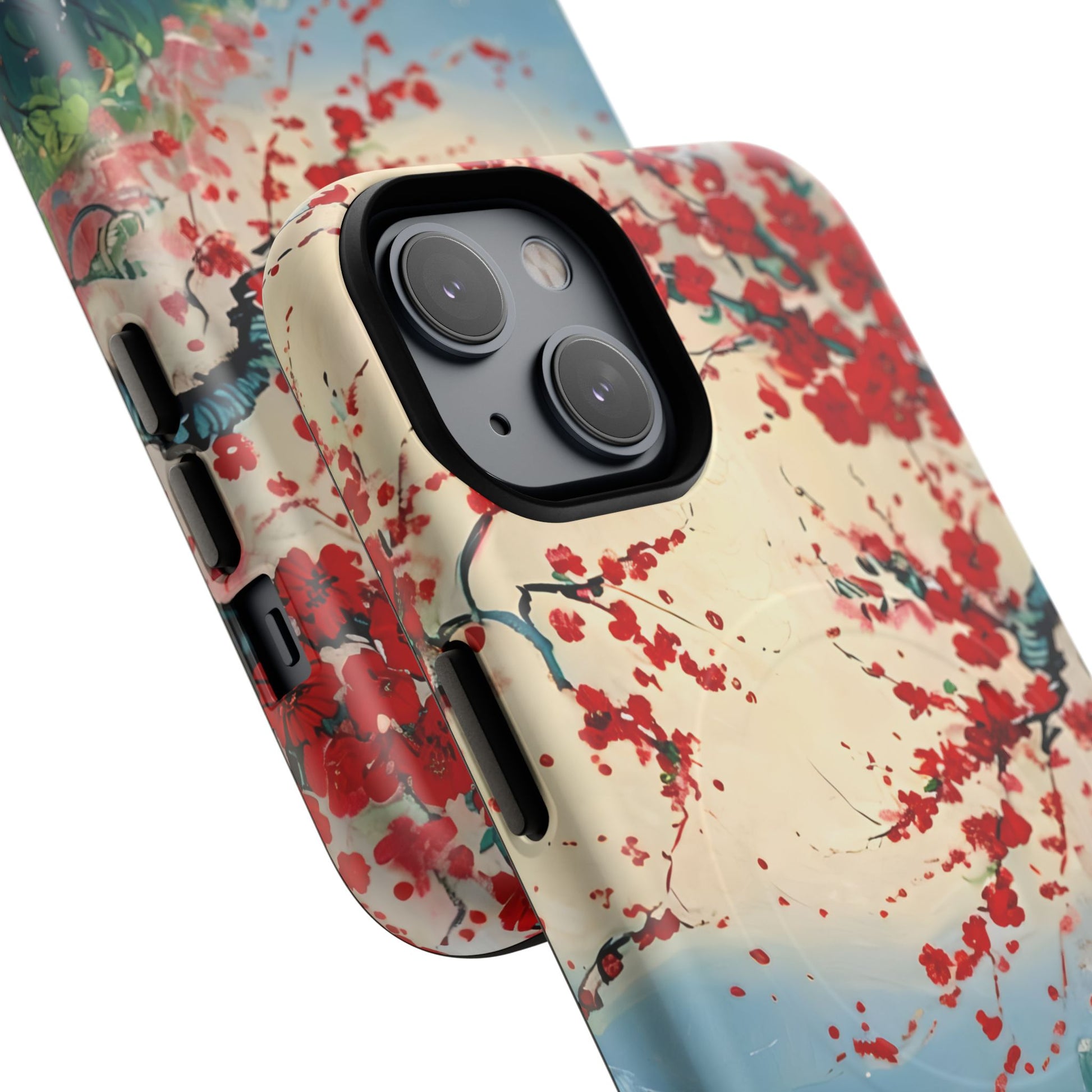 Crimson Blossom Lake - Artistic Floral Landscape iPhone 14 MagSafe Phone Case - Red Cherry Blossoms & Serene Lake Design