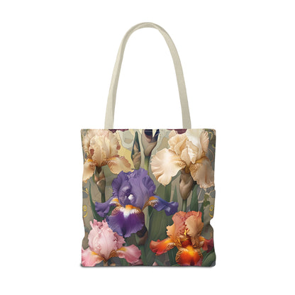 Iris Reverie Tote Bag (16x16 & 18x18)- Vintage Beige Canvas with Soft Purple, Pink and Orange Irises, Reusable & Eco-Friendly