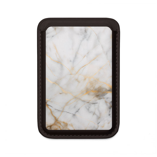 Golden Vein MagSafe card holder with white marble and gold veining design on black magnetic wallet.