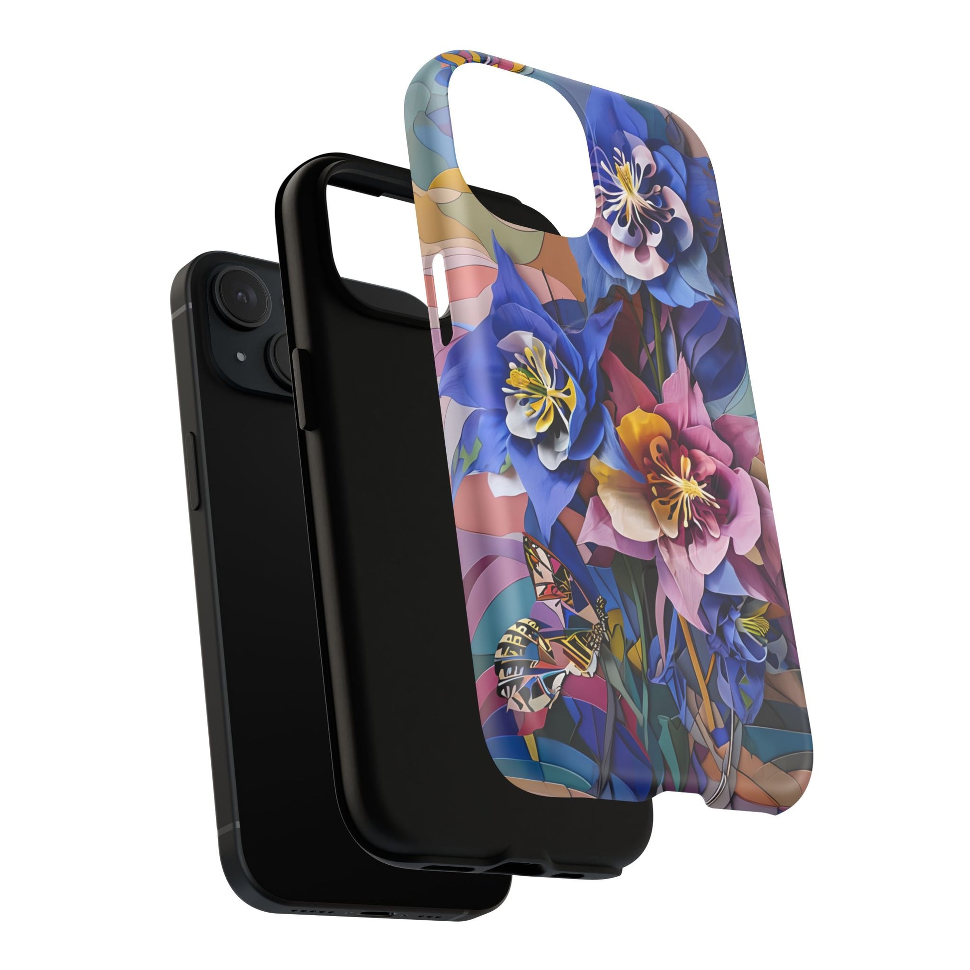 Blue Columbine Carnivale - Artistic Floral & Butterfly iPhone 15 MagSafe Phone Case - Vibrant Botanical Design
