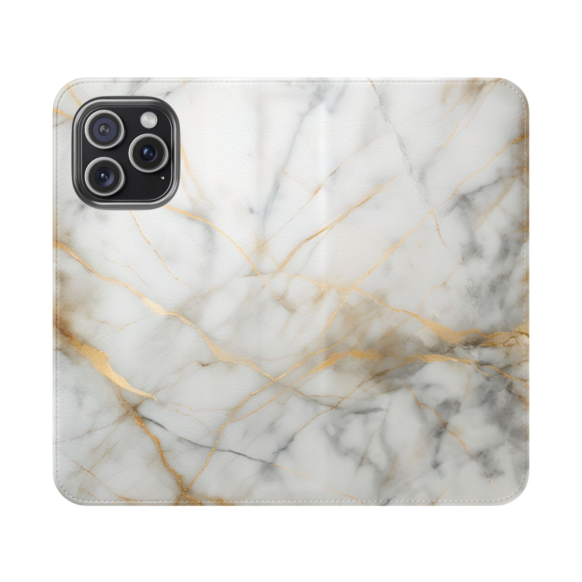 Golden Vein Wallet Phone Case - Gold & White Marble Design - Flip Cover for iPhone 15 Pro Max
